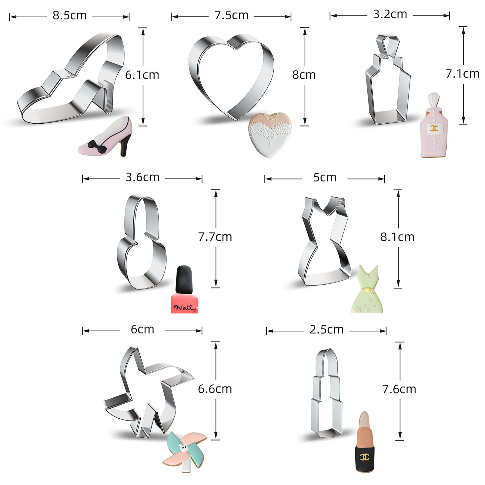 Makeup Dress Up Cookie Cutters Shapes Set Of 7 - High Heel, Heart, Perfume, Nail Polish, Dresses, Windmill, Lipstick Shaped Wome