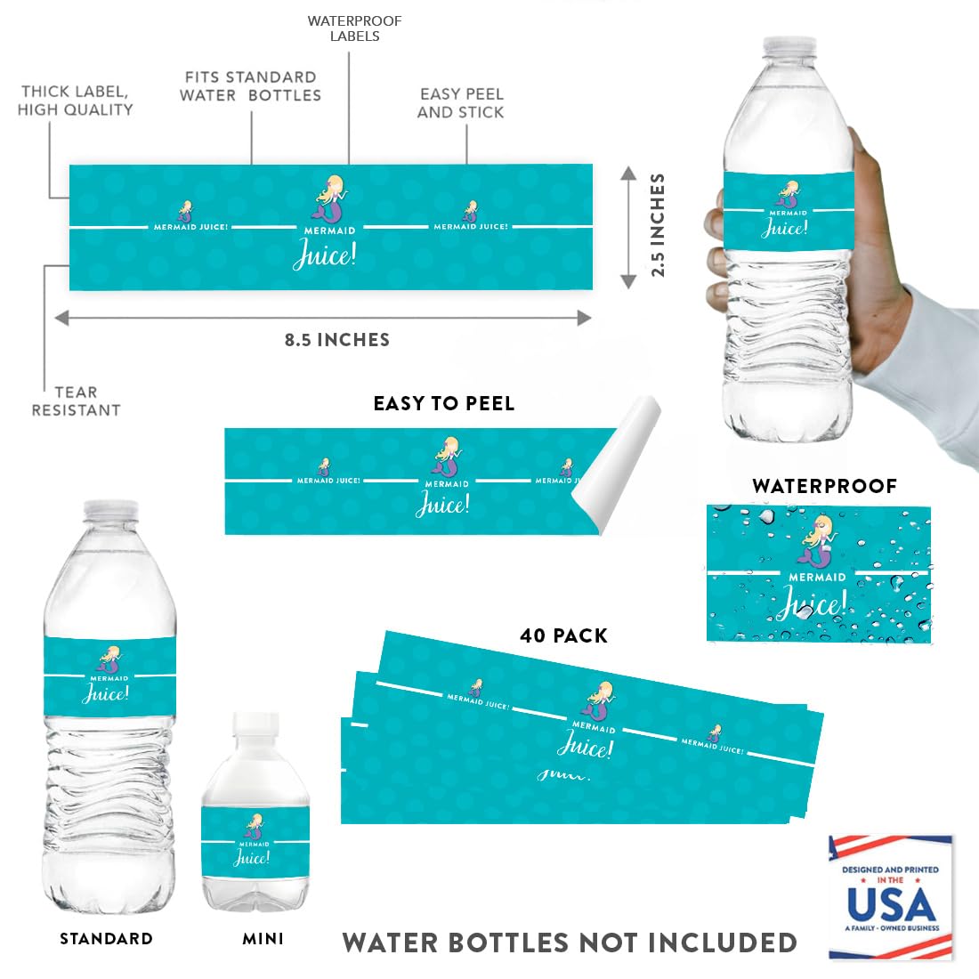 Andaz Press Birthday Water Bottle Labels Stickers, Nautical Ocean Mermaid, 20-Pack, For Decor Decorations Dessert Table Wraps