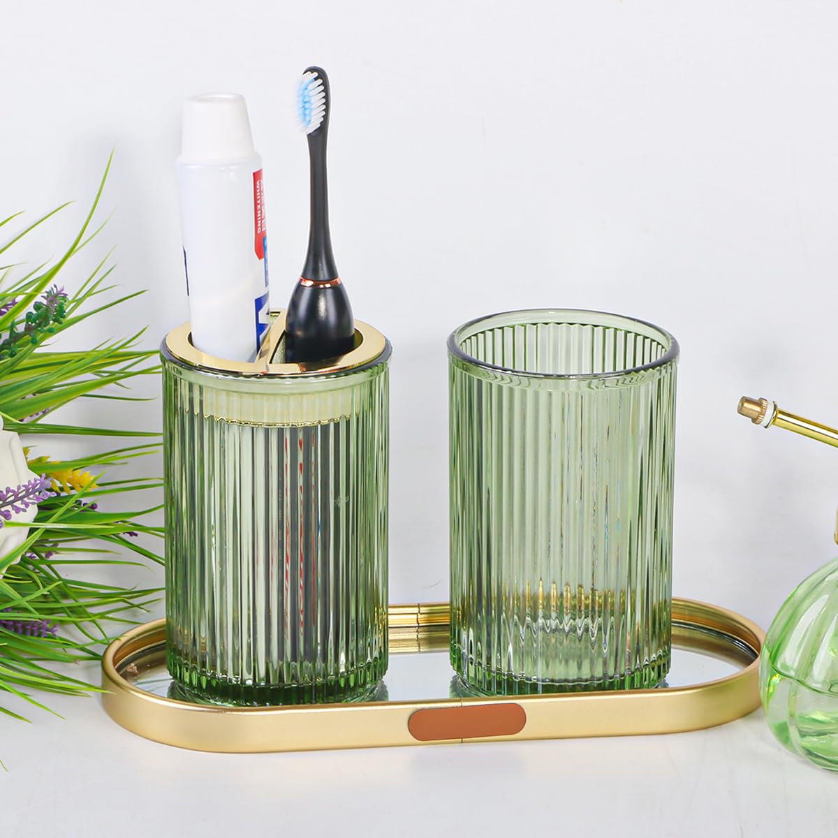 Tonxus Toothbrush Holders for Bathrooms, 2pcs Glass Toothbrush Holder, 12oz Bathroom Tumbler and Mouthwash Cup, Tooth Brush and