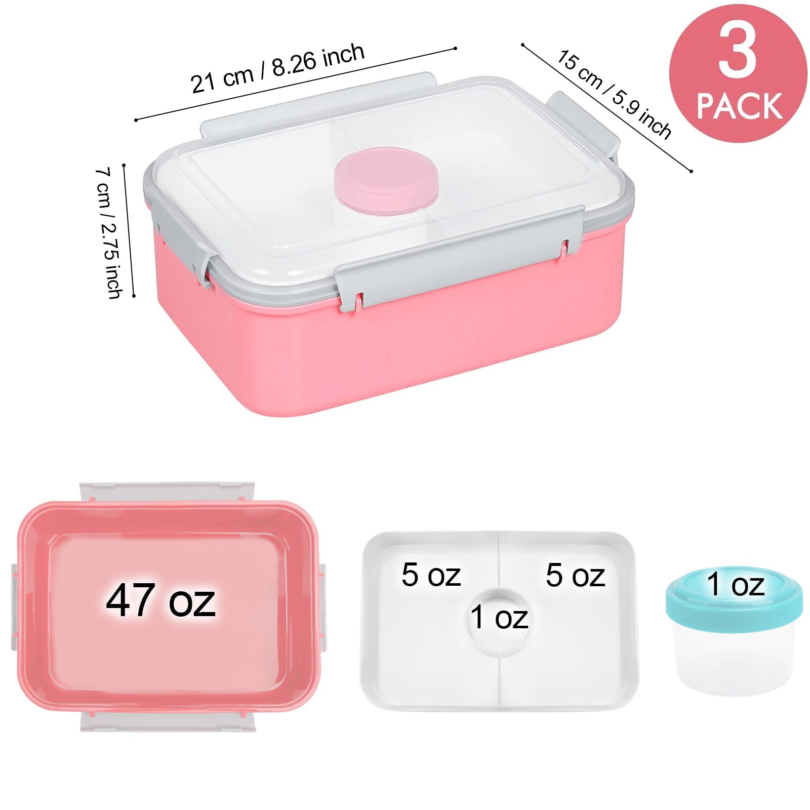 Shopwithgreen Set Of 3 Salad Food Storage Container To Go, 47-Oz Bento Box With Removable Tray & Dressing Pots, For Lunch, Snack