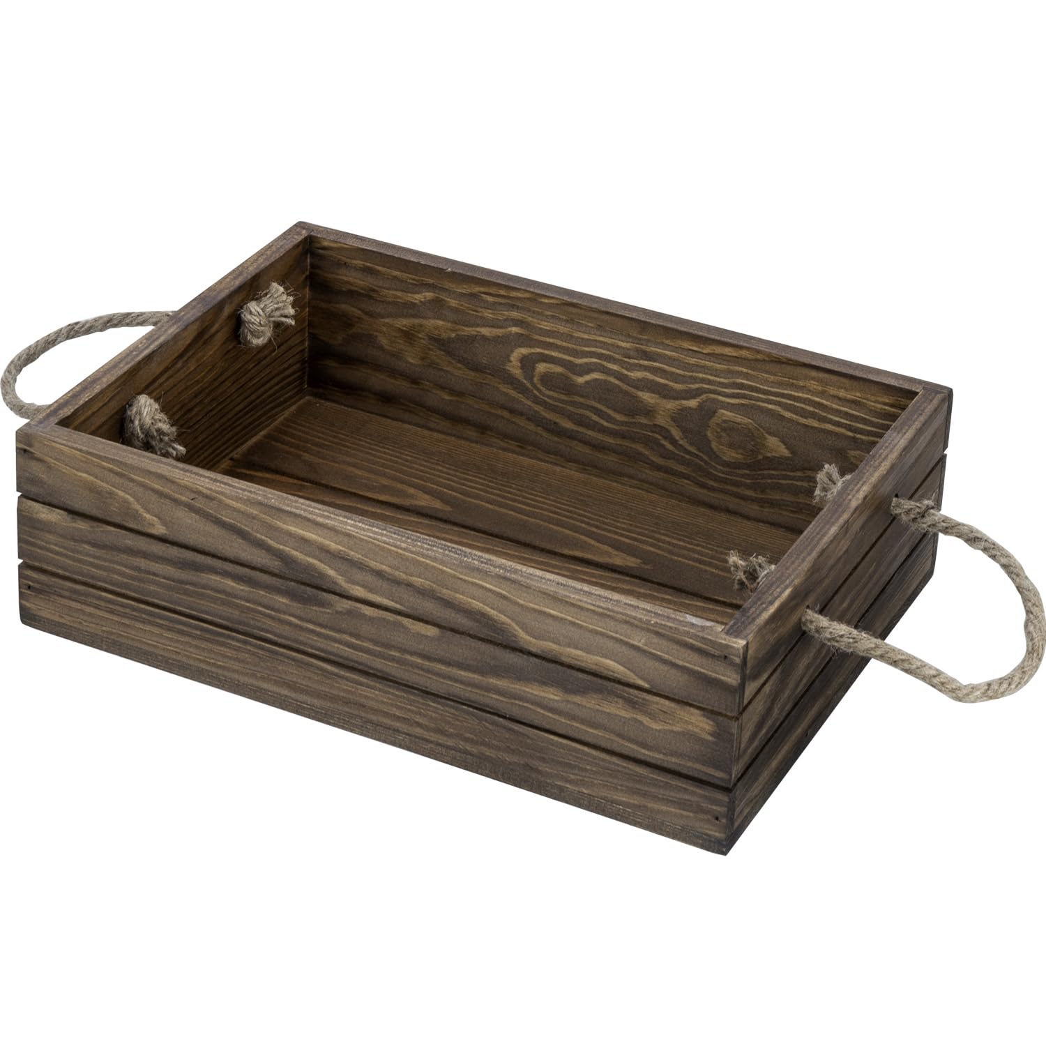 Mygift 13 Inch Rustic Brown Wood Decorative Storage Organizer Bin With Rope Handles, Open Top Small Crate Box For Bathroom Acces