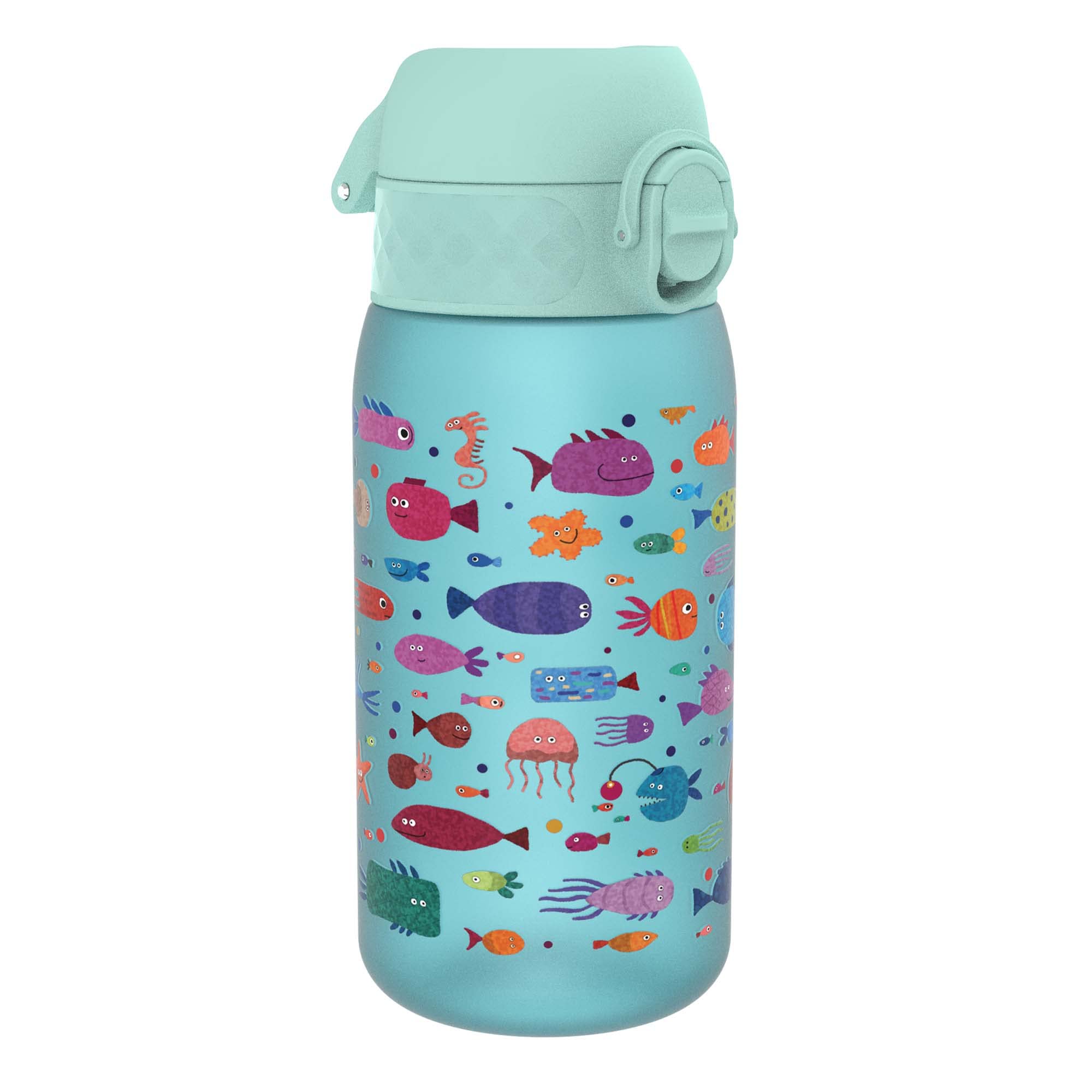 Ion8 Kid's One Touch 2.0 On-The-Go Printed Water Bottle - Leakproof and BPA-Free Water Bottle - Fits Car Cup Holders and Kid's Backpacks 12 oz / 350 ml - Fish
