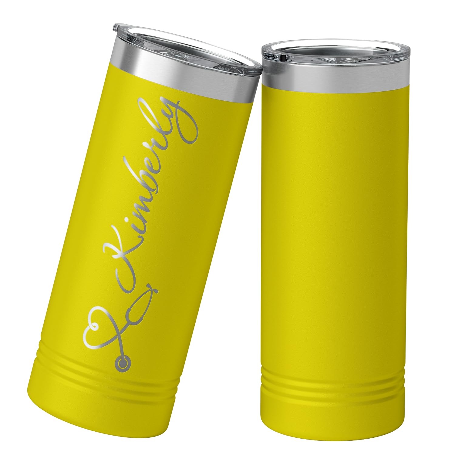 Personalized Nurse Heart Stethoscope, Rn, Lpn, Cna, Cma, Ma On Yellow 22 Oz Stainless Steel Skinny Tumbler Custom Engraved Nurse