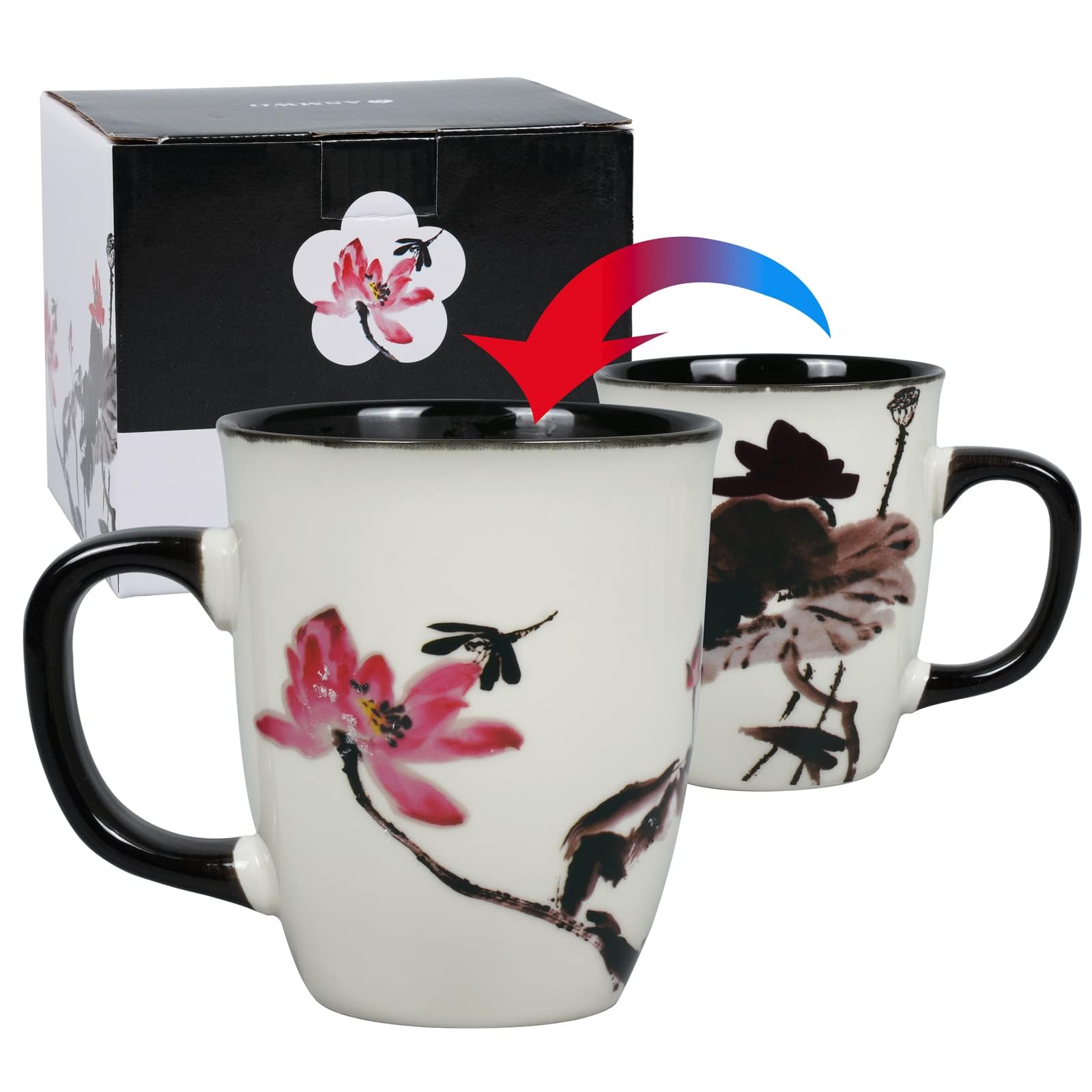 Asmwo Funny Ceramic Magic Heat Color Changing Art Coffee Tea Mug Lotus Printing Porcelain Mugs for Women Personalized White Green Tea Cup 16 oz Large Coffee Mug for Mom Girl Grandma And Man