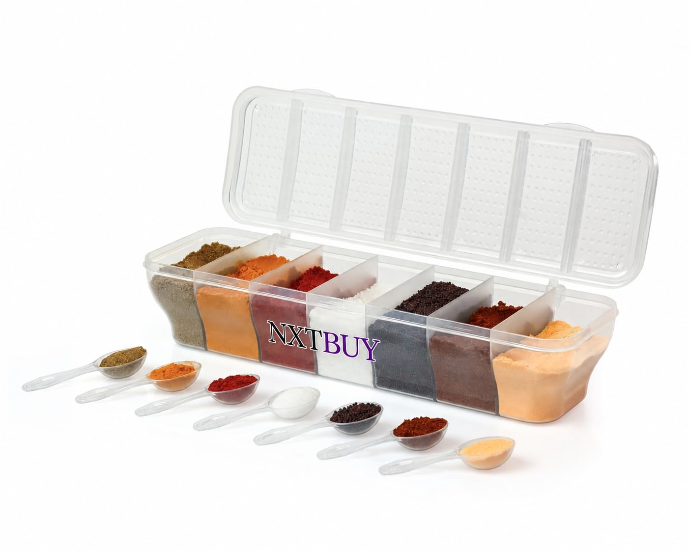 NXTBUY Multipurpose 7in1 Masala Box for Kitchen  Airtight Spice Storage Organizer with Transparent Lid for Daily Cooking, Ser