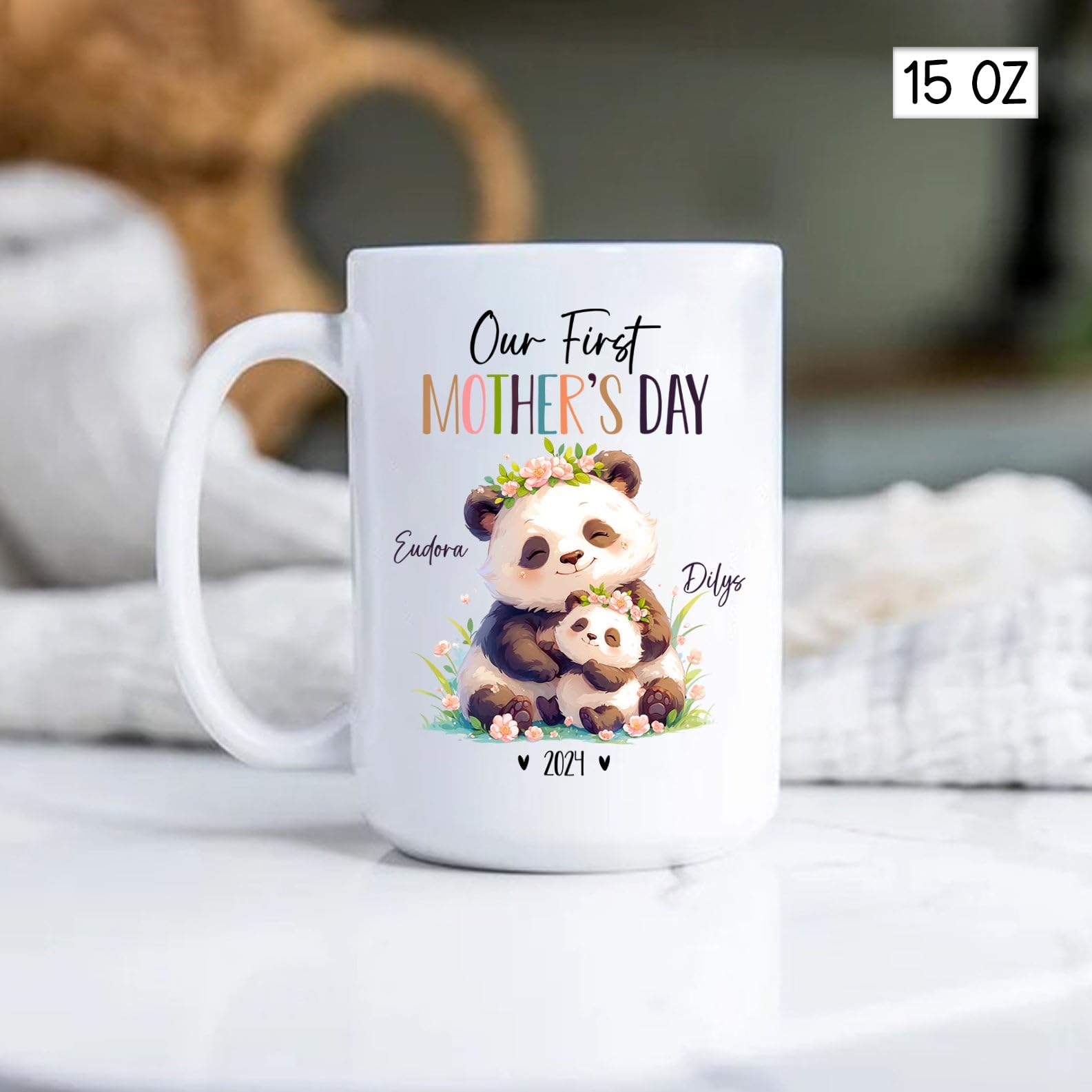 Custom Mom And Baby Panda Mugs With Names & Year, Personalized Panda Lover Coffee Cup Gifts, Mummy & Baby Panda Ceramic Mug, Our