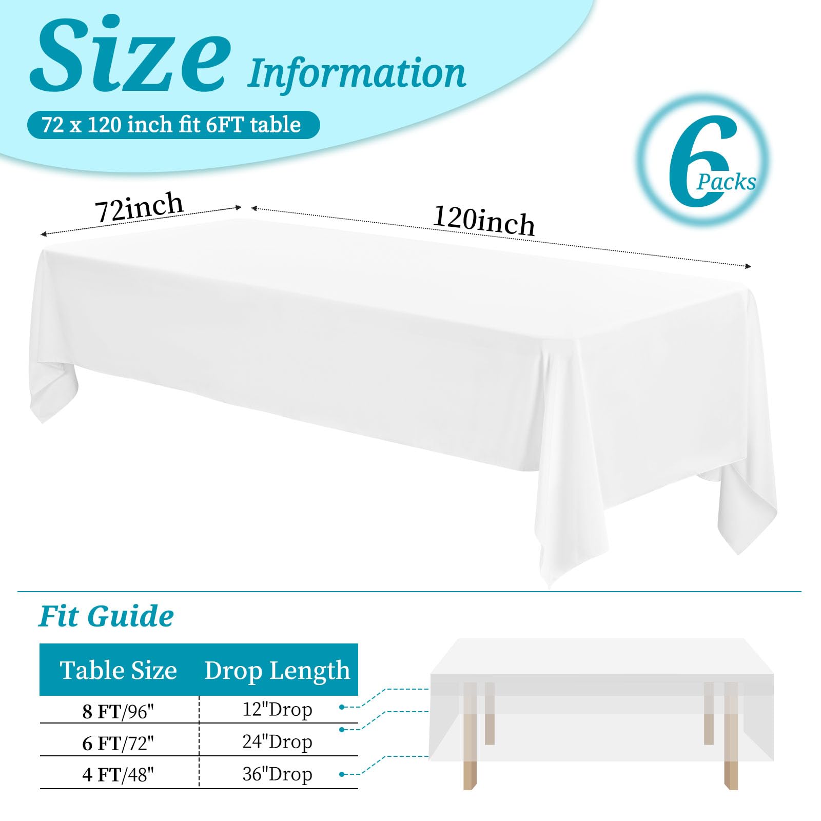 6 Pack Tablecloth 72 X120 Inch Polyester Table Cloth For 6-8 Foot Rectangle Tables,Stain And Wrinkle Resistant Washable Fabric T