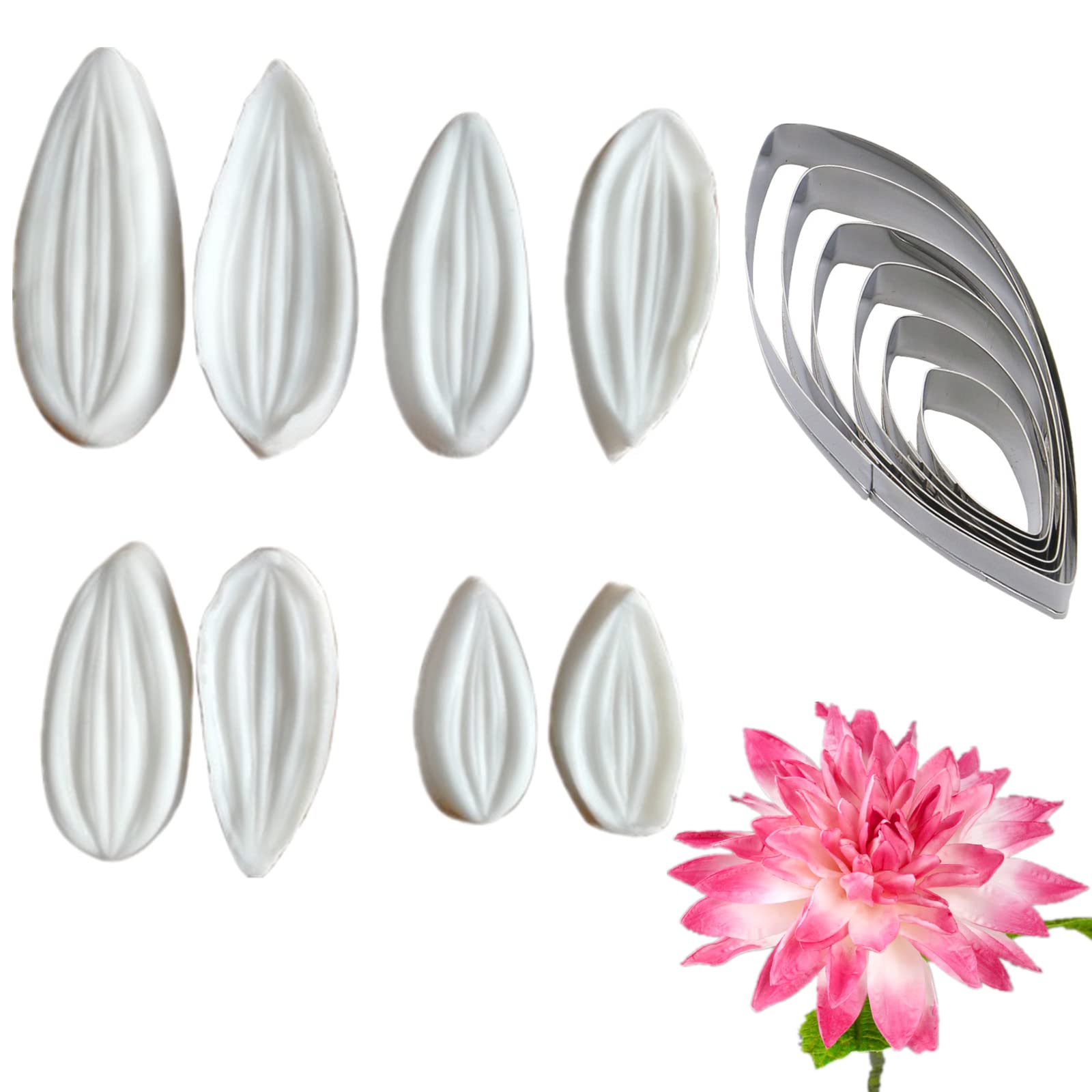 8Pcs Gum Paste Flower Molds And 6Pcs Flower Cutter For Fondant Dahlia Flower Petal Sugarpaste Cake Decorating