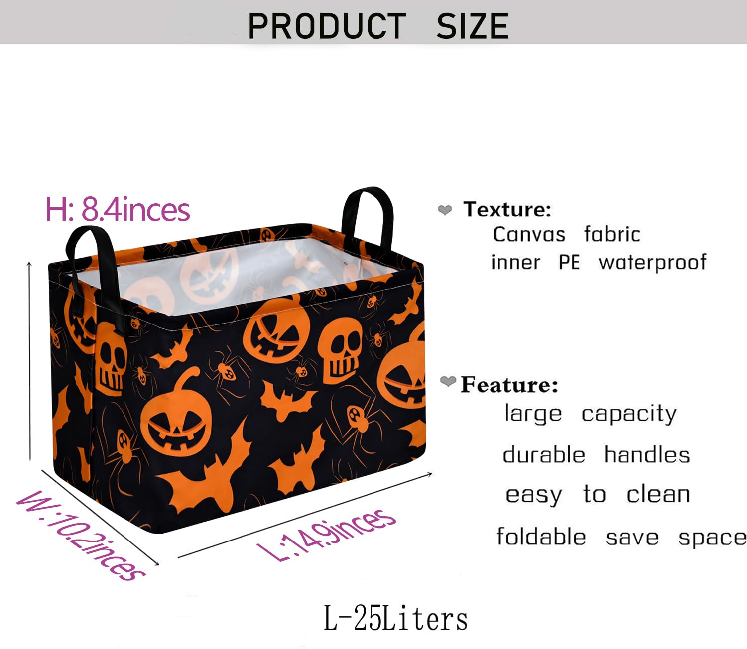 KUNRO Pumpkin Pattern Halloween Storage Gift Basket Canvas Storage Bins with Handles Rectangle Storage Cubes Organizer for Bedro