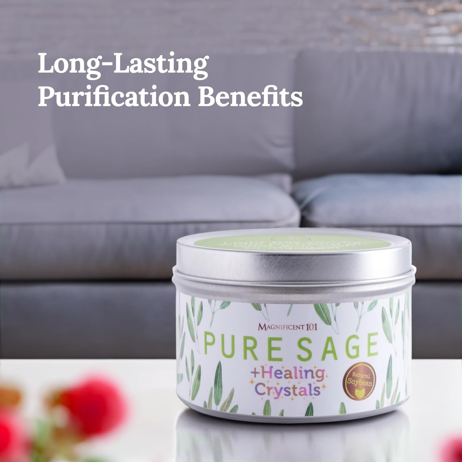 Magnificent 101 Long-Lasting Healing Crystals Candle | 6 Oz - 35-Hour Burn | All Natural Soy Wax, Rose Quartz, Amethyst, Moonsto
