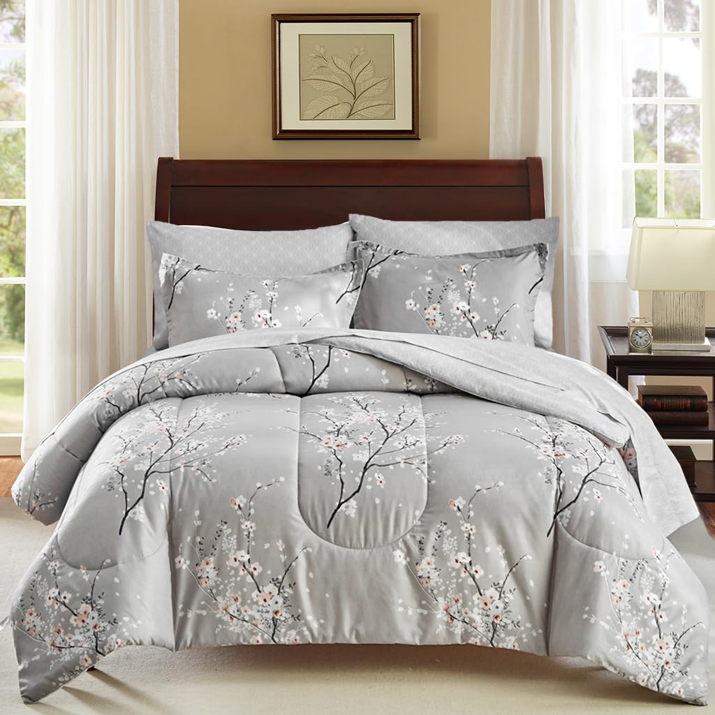 Aikasy Bed In A Bag 7 Pieces Queen Size  Floral Print  Soft Microfiber, Reversible Bed Comforter Set (1 Comforter, 2 Pillow Sh