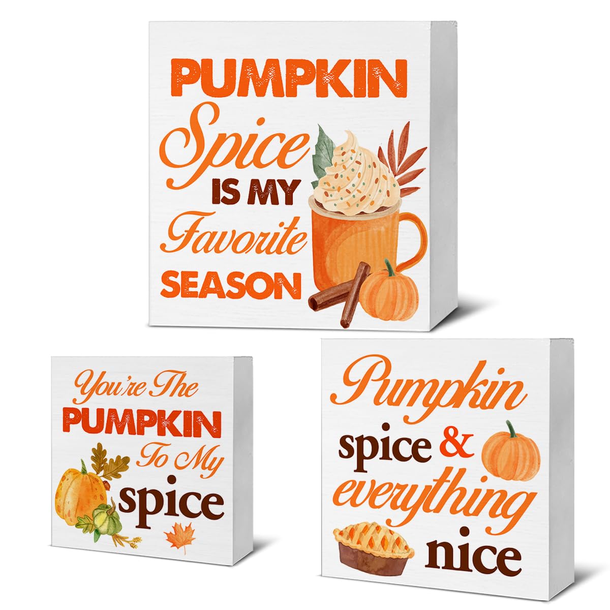 Fall Wood Signs Decor Rustic Fall Pumpkin Spice Wooden Blocks Signs for Autumn Tiered Tray Table Desk Shelf Decor Set of 3