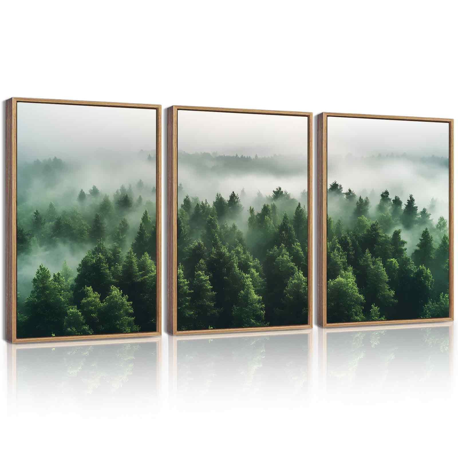 Kuvioke Green Fog Pine Tree Framed Wall Art Nature Nordic Misty Forests Artwork Morden Painting Bedroom Decor 12X16In (Natural F