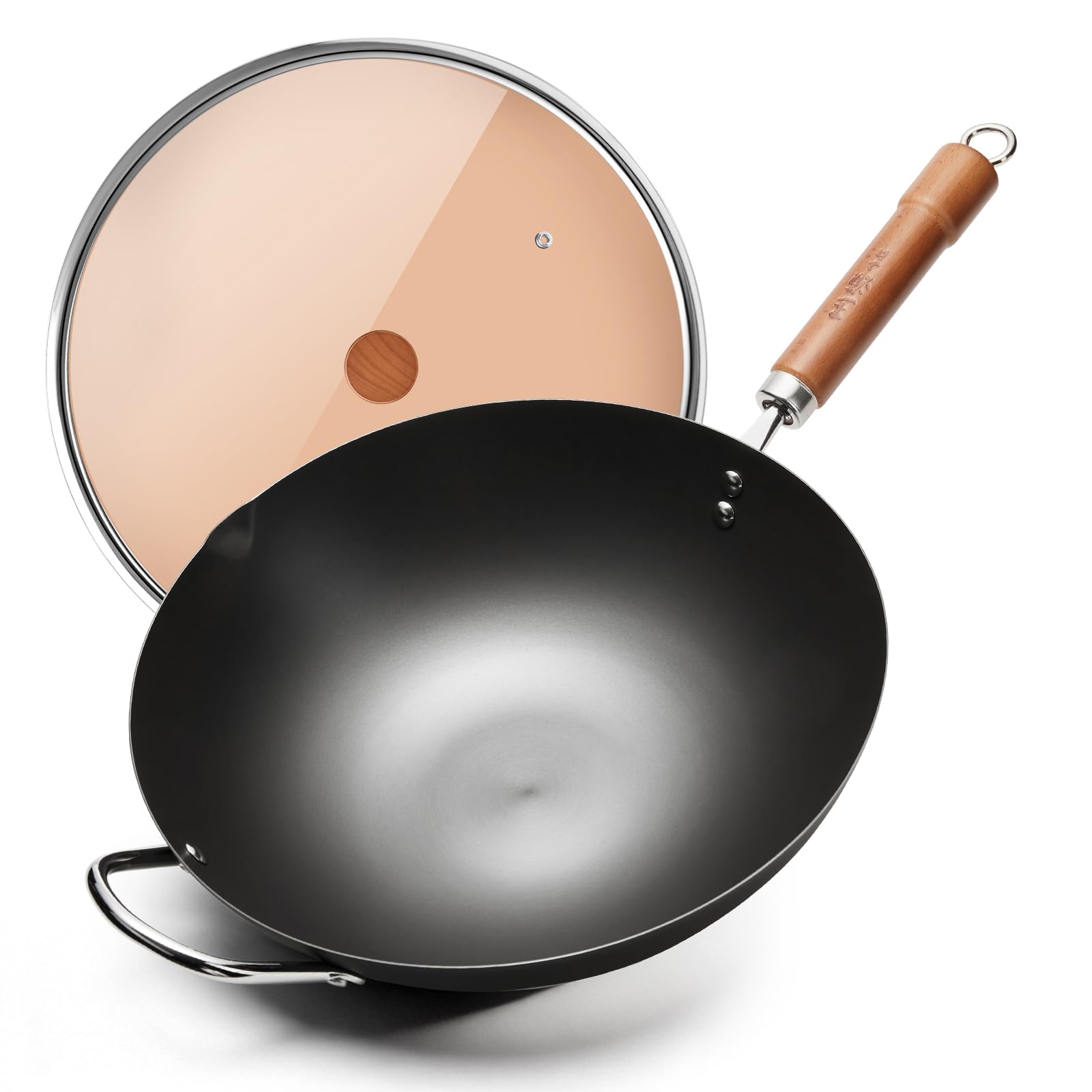 Wangyuanji Iron Wok,12.59 Inch Woks For Stir-Fry, Chinese Stir Fry Pan Uncoated, Traditional Flat Bottom Iron Pot For Induction,