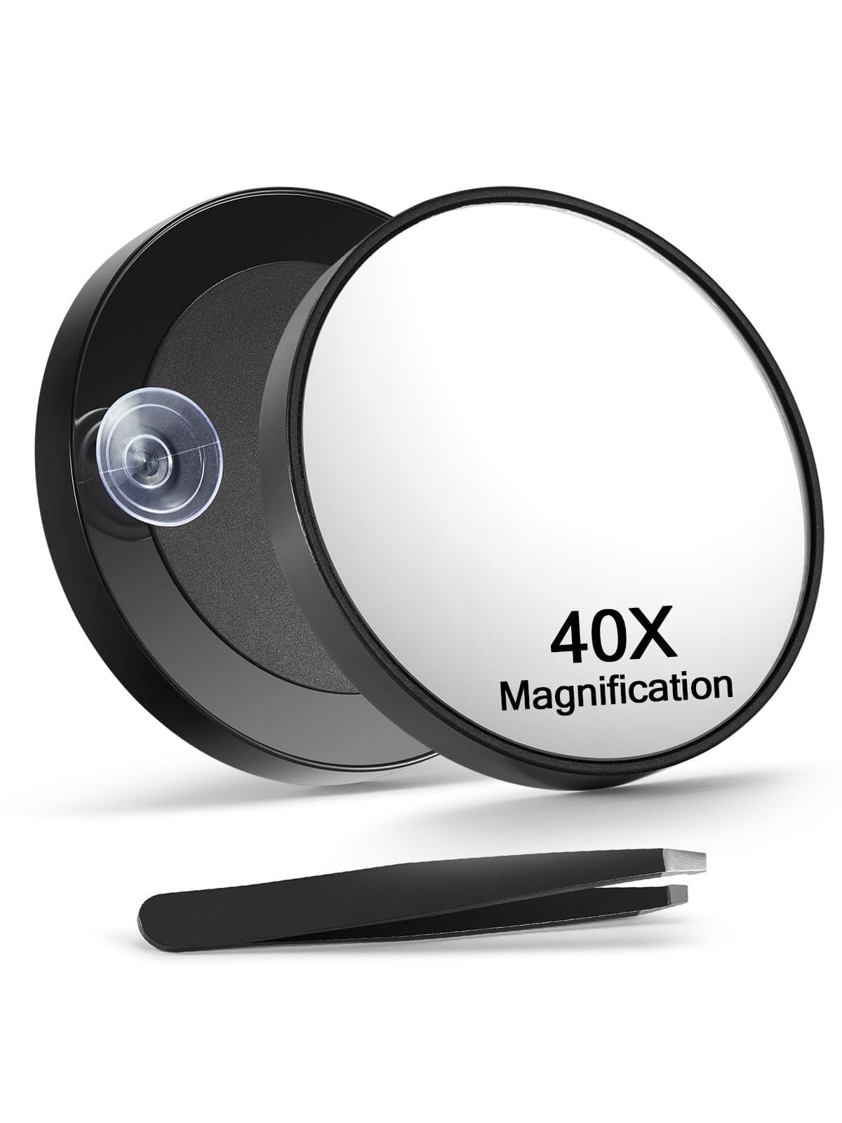 Macaki 40X Magnifying Mirror With 2 Suction Cups, 3.5 Inches Magnified Makeup Mirror And Slant Tweezers,Black,1Pc