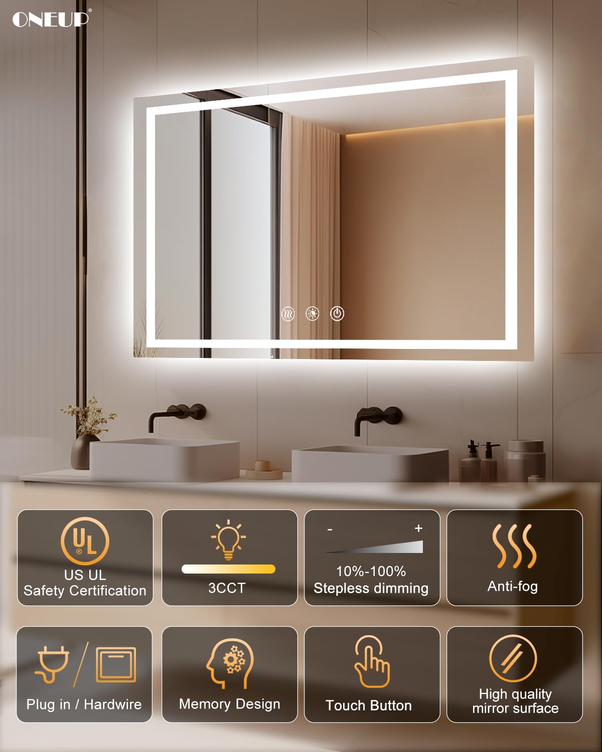 Oneup 48X36'' Led Bathroom Mirror,Lighted Bathroom Mirror With Lights,Dimmable 3 Colors Temperature,Anti-Fog,Modern Led Vanity M