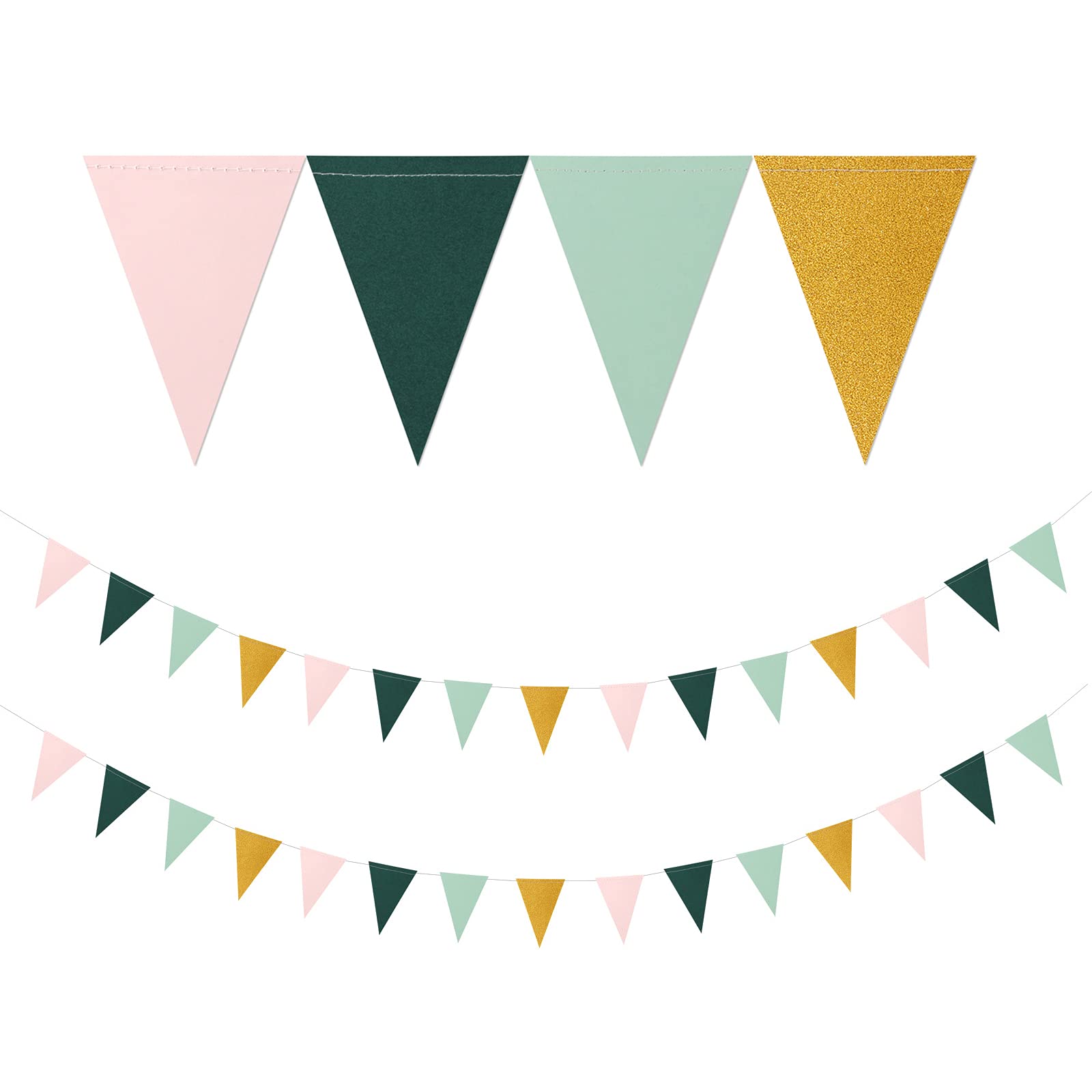 Sage Green Pink Gold Pennant Banner,2 Pack Paper Triangle Flags,Baby Bridal Shower Safari Birthday Tropical Jungle Party Decorat