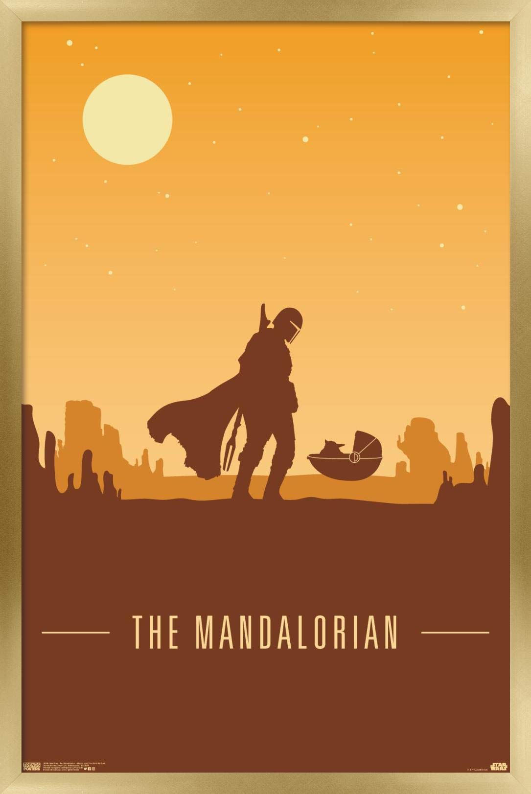 Trends International Star Wars: The Mandalorian - Mando And The Child At Dusk Wall Poster, 14.725'' X 22.375'', Gold Framed Vers