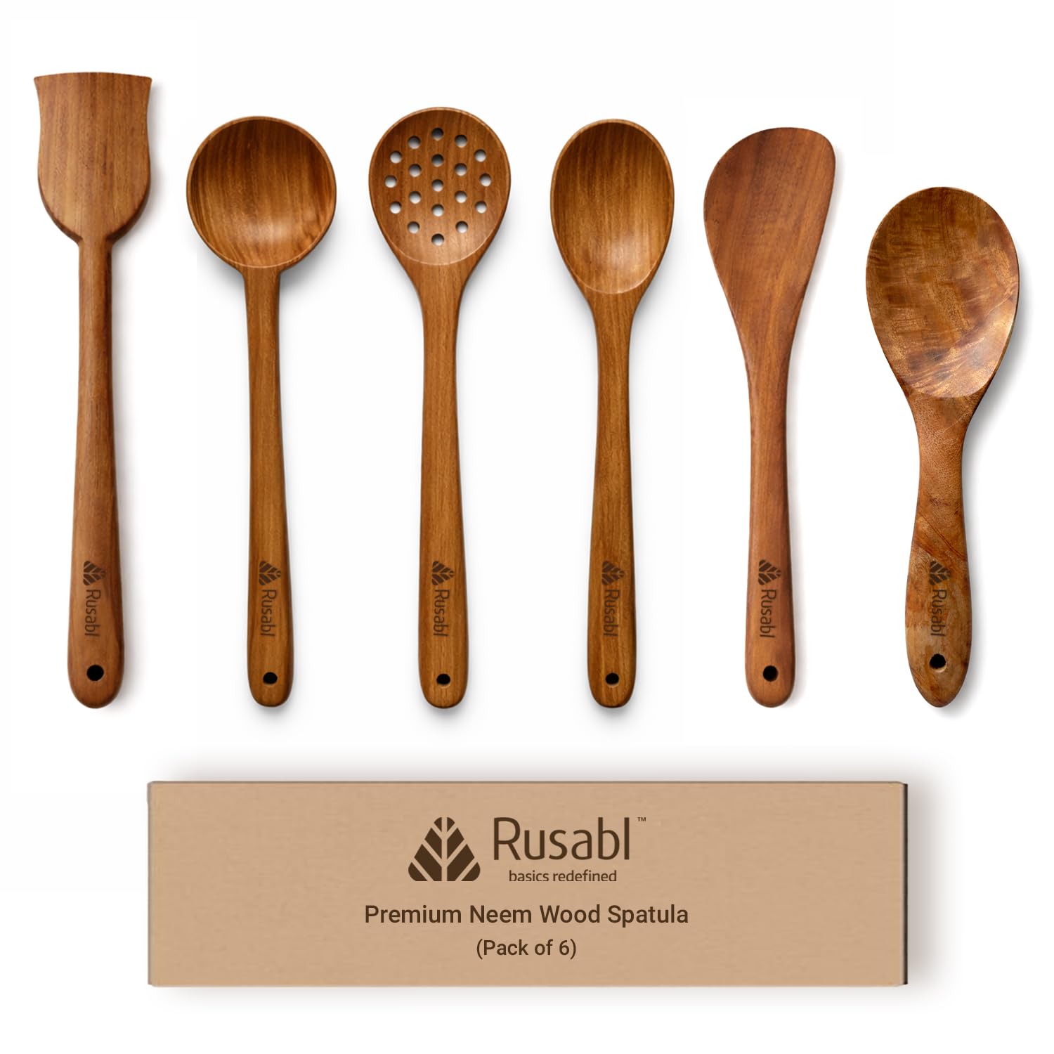 Rusabl Pack Of 6 Neem Wood Spatula, Spoonula, Slotted Spoon, Ladle, Turner, Serving Spoon, Comfortable Grip Handle, FoodSafe, H