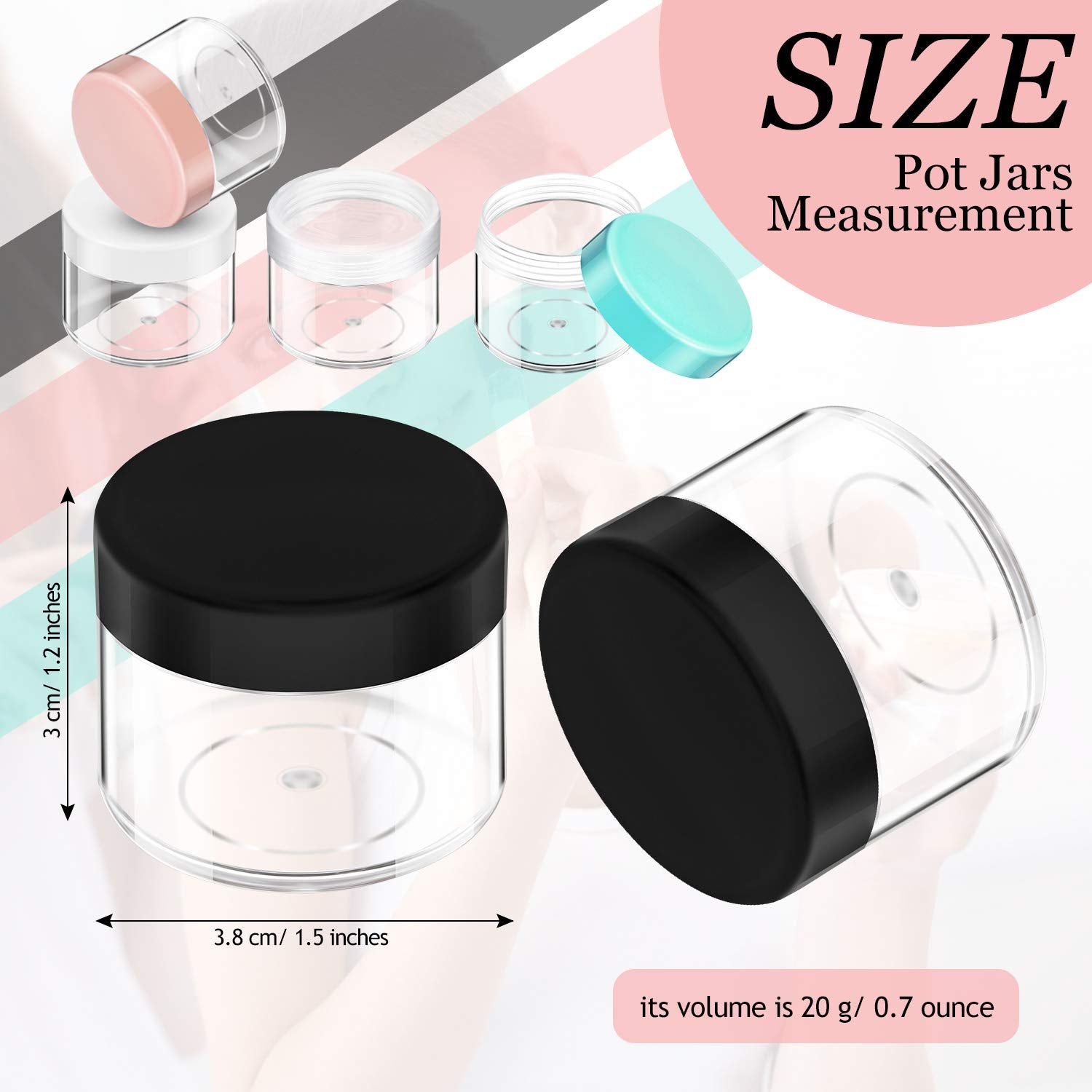 20 Pieces Round Pot Jars Plastic Cosmetic Containers Set With Lid For Liquid Creams Sample, 20 Ml/ 0.7 Oz (Black, White, Clear,