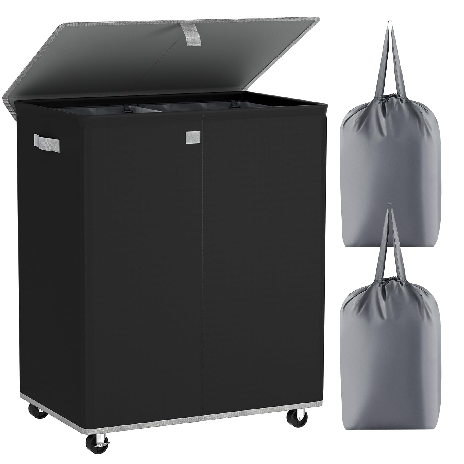 Chrislley Double Laundry Hamper With Wheels 160L Large Laundry Basket With Lid,Rolling Dirty Clothes Hamper 2 Section With Remov