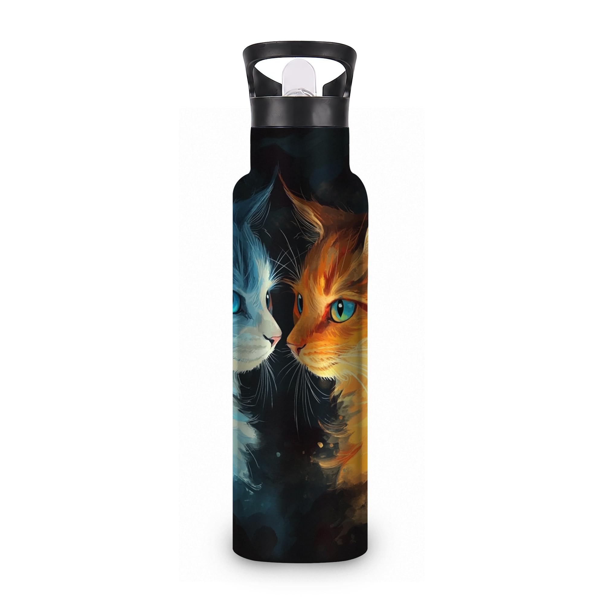 ICRICR Water Bottles with Straw,Colorful Cat Stainless Steel Cup Leak Resistant Double Wall Face Art Insulated Water Bottle with