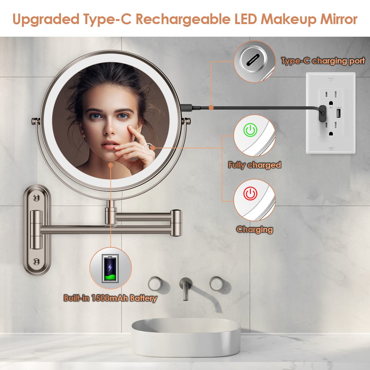 Rocollos Two-Fingers-Width Narrow Base Rechargeable Wall Mounted Lighted Makeup Mirror,3 Color Lights Dimmable Touch Screen,8 In