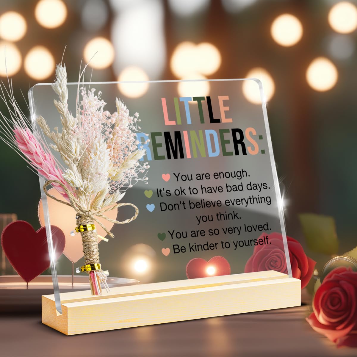 Inspirational Motivational Gifts Little Reminders You are Enough Clear Desk Decorative Sign, Bouquet Acrylic Sign With Wooden St