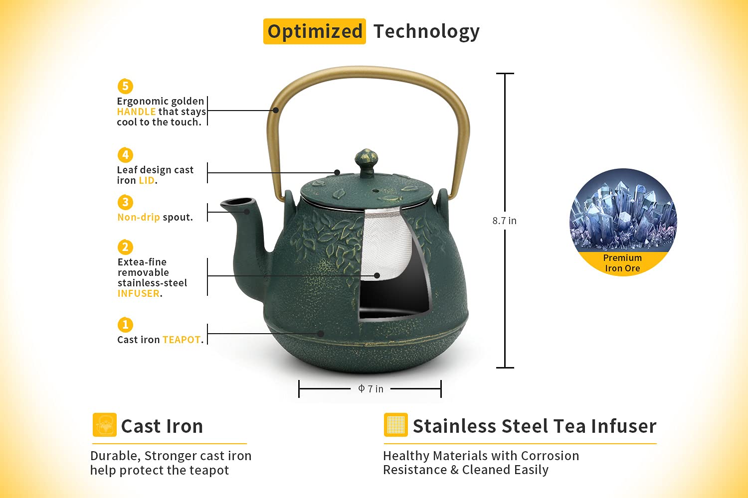 Tea Kettle, Toptier Japanese Cast Iron Teapot With Infuser, Leaf Design Cast Iron Tea Pot Stovetop Safe Coated With Enameled Int