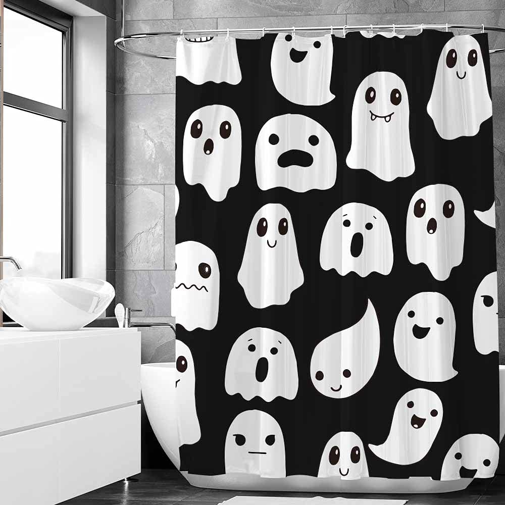 Shengjun 72X72 Inches Halloween Ghost Shower Curtain, Spooky Cute Funny Cartoon Ghosts Icons Black And White Fabric Kids Boy Tri
