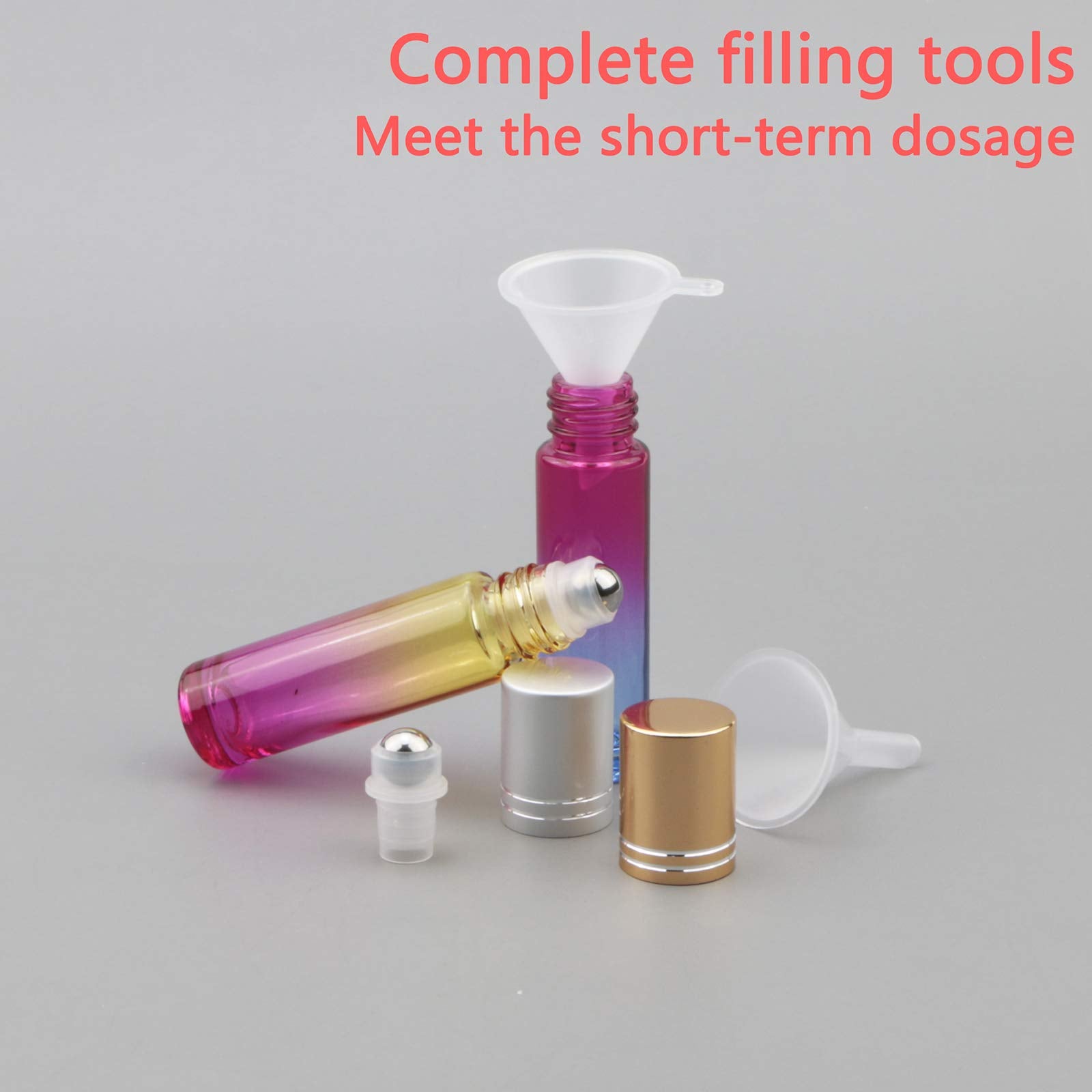Jiuwu 10 Pack 10Ml 1/3 Oz Gradient Color Glass Stainless Ball Roller Bottles Beauty Cosmetic Essential Oils Vials Bottles 5 Funn