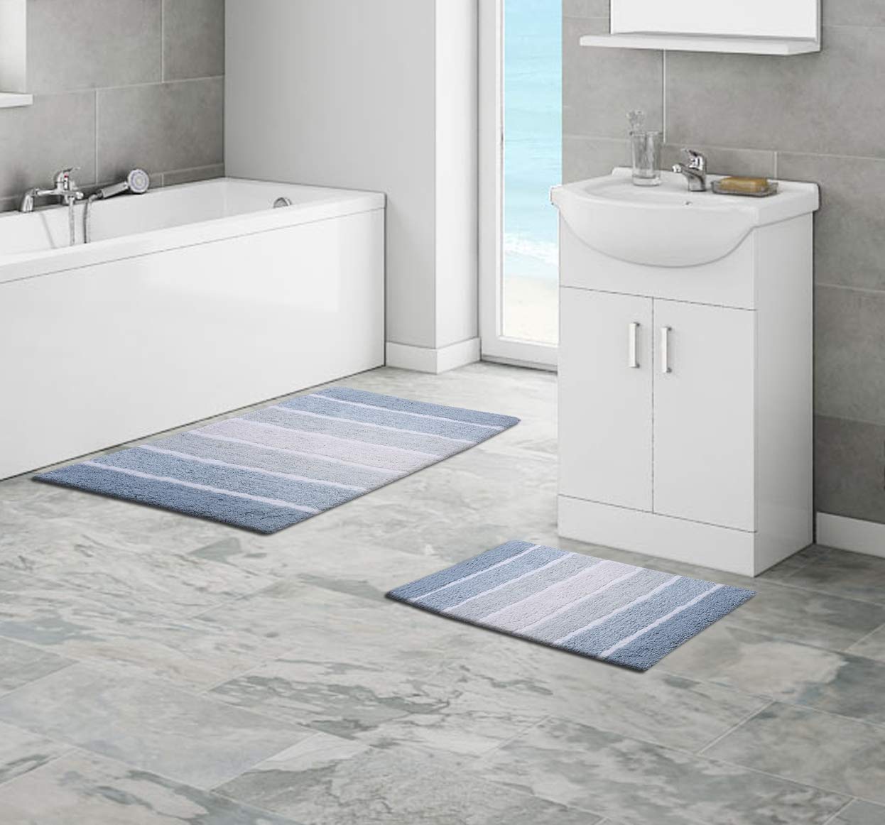 Bathroom Rugs Luxury Stripe Bath Rug Set 21x32-17x24 Blue/White 2Piece Mat Set  Soft Plush Anti-Skid Shower Rug +Toilet Mat.Shaggy Carpet  Super Absorbent mats  Machine Washable Bath Mat