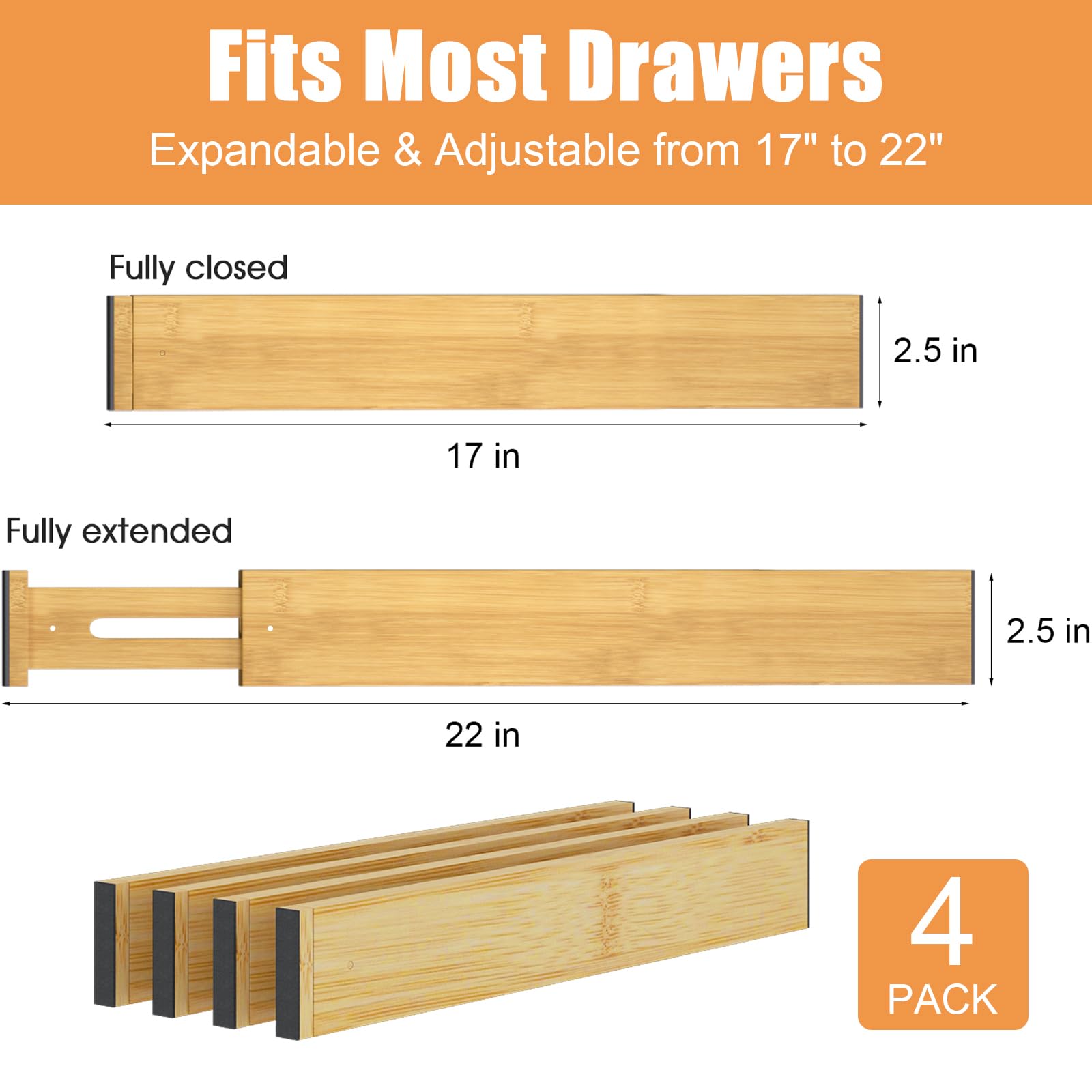Ryqtop Bamboo Drawer Dividers,17-22'' Adjustable Kitchen Drawer Organizer for Clothes,4 Pack Expandable Drawer Organization Sepa