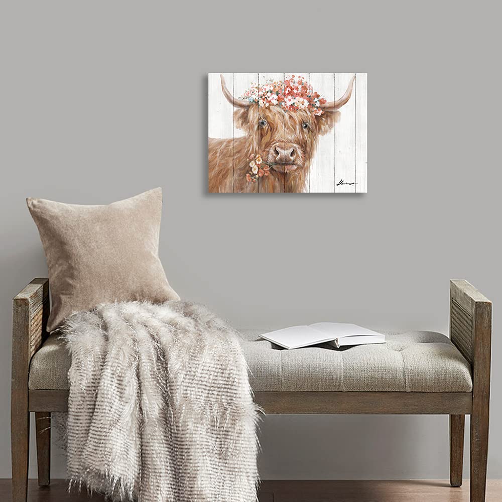 Yidepot Highland Cow Decor For Farmhouse: Retro Scottish Calf Pictures Hold Flowers Inspirational Quote Canvas Wall Art For Boy'