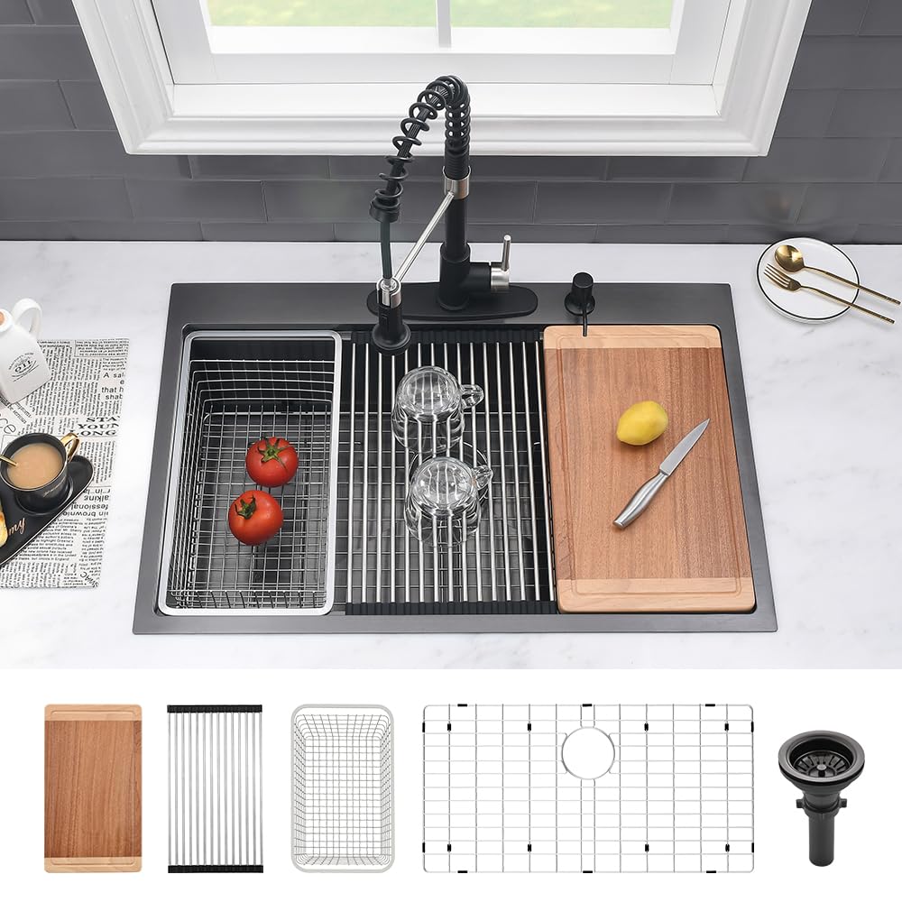 32 Inch Black Drop In Kitchen Sink Workstation-Vasoyo 32X22 Drop In Kitchen Sink Black Stainless Steel Workstation Sink Topmount