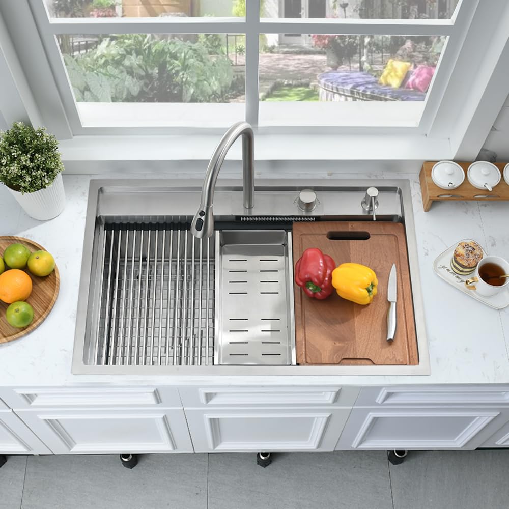 33 Inch Drop In Waterfall Kitchen Sink Workstation-Bokaiya 33X19 Drop In Kitchen Sink Workstation Sink 16 Gauge Deep Stainless S