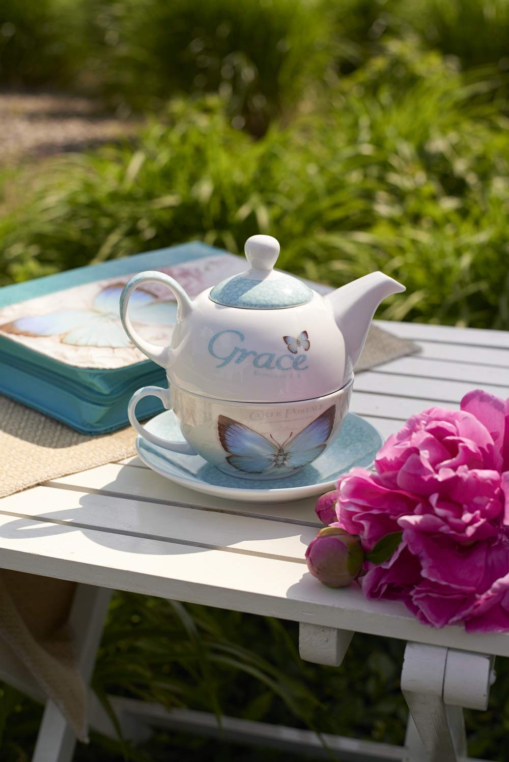 Christian Art Gifts Ceramic 14 Oz. Teapot Set For Women: Botanic Butterfly Blessings - Grace Ephesians 2:8 Inspirational Bible V