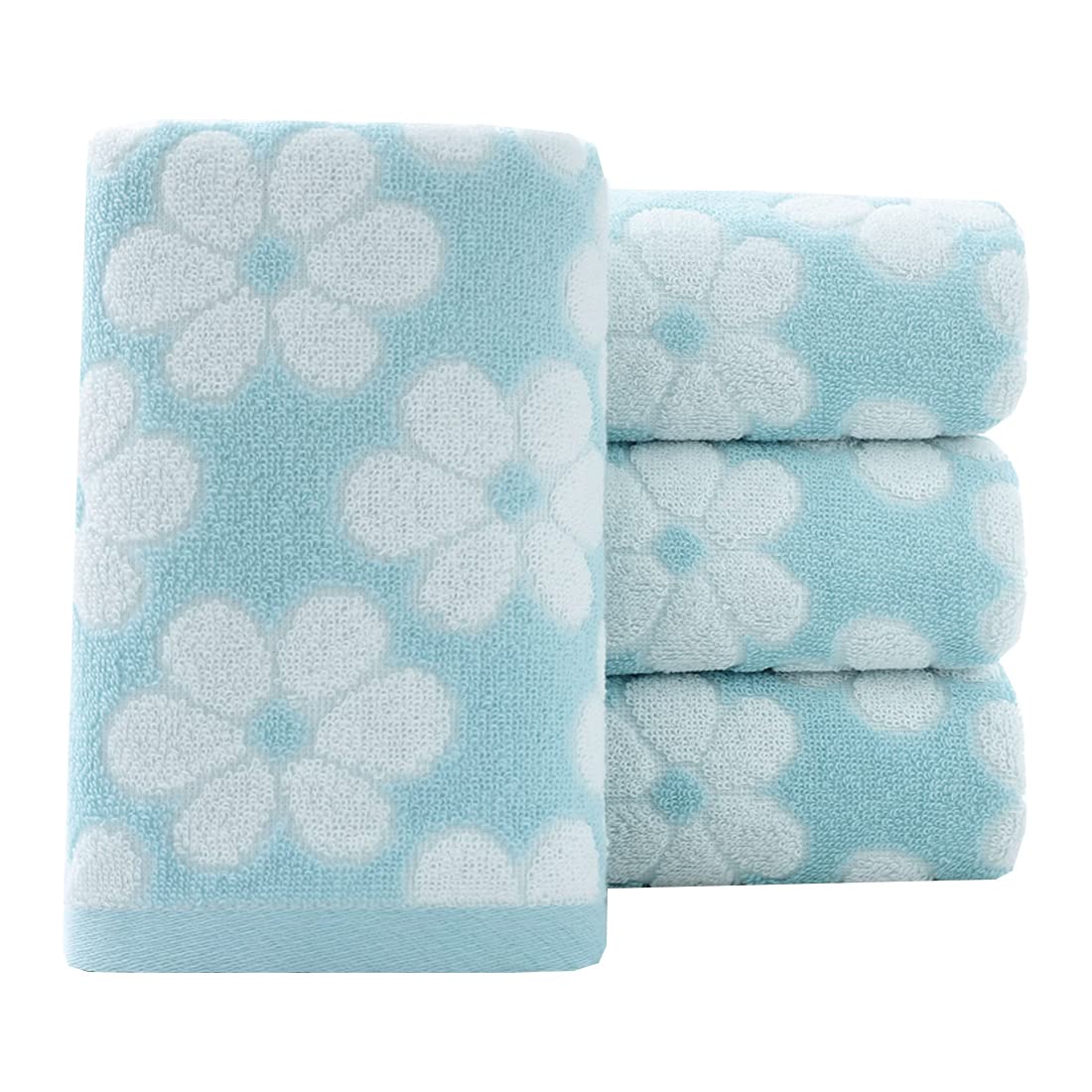 Pidada Hand Towels Set Of 4 Floral Pattern 100% Cotton Soft Absorbent Decorative Towel For Bathroom 13.4 X 29.1 Inch (Blue)