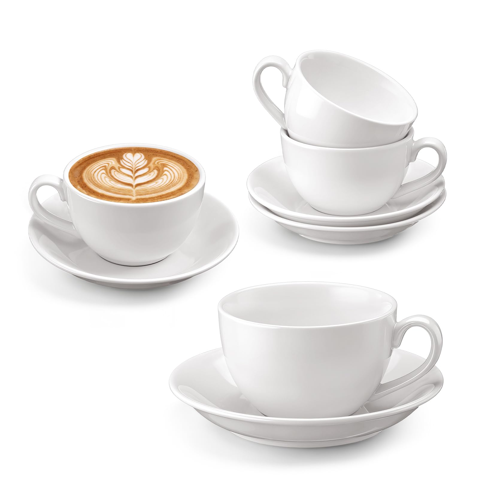 Acellegic 4 Set 12oz Cappuccino Cups with Saucers, Heavyweight Porcelain
