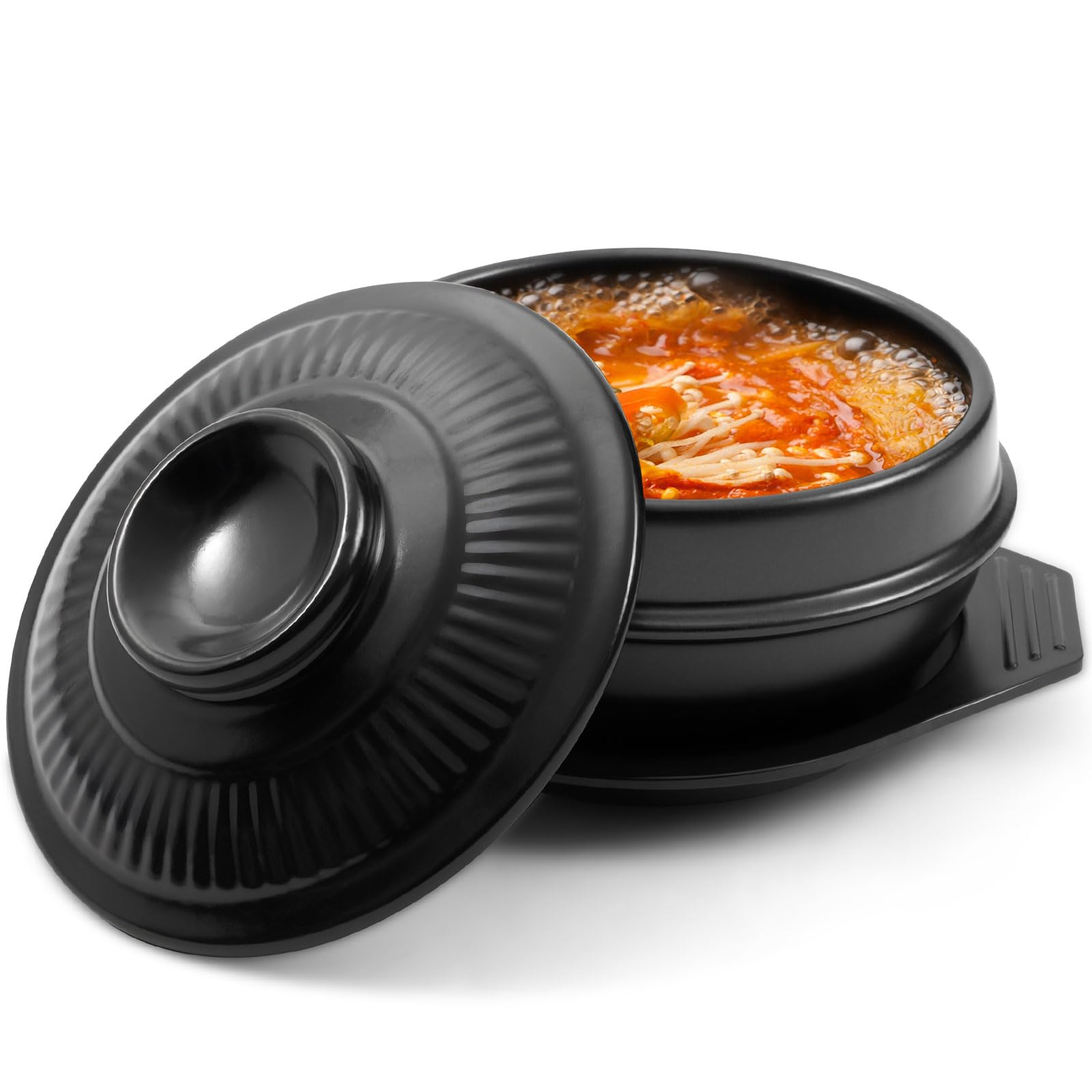Singhoow Korean Stone Bowl with Lid and Platter 32 oz Ceramic Bowl for Cooking, Sizzling Hot Pot, Clay Pot for Dolsot Bibimbap, 