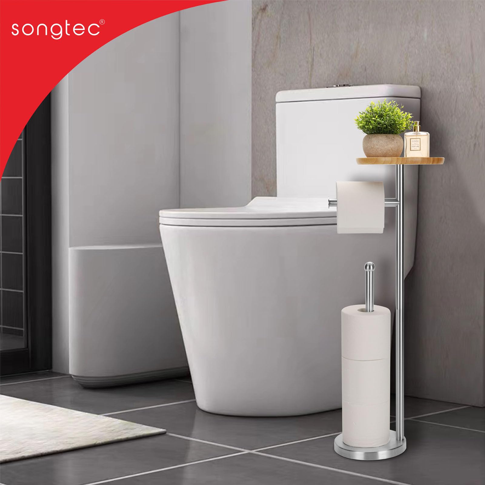 Toilet Paper Holder Stand With 7.9'' Big Bamboo Tray, Holds 5 Rolls, Floor Standing Paper Holder Storage Stand With Phone Shelf,