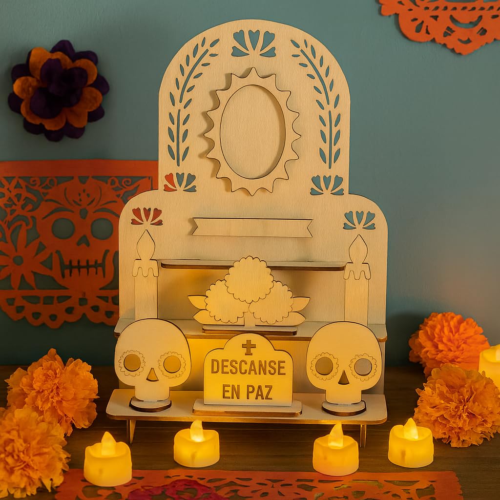 3-Tier Dia De Los Muertos Altar Ofrenda Kit, Wooden Solecito Day of The Dead Altar, Mini Ofrenda Shadow Box for Dia De Los Muert