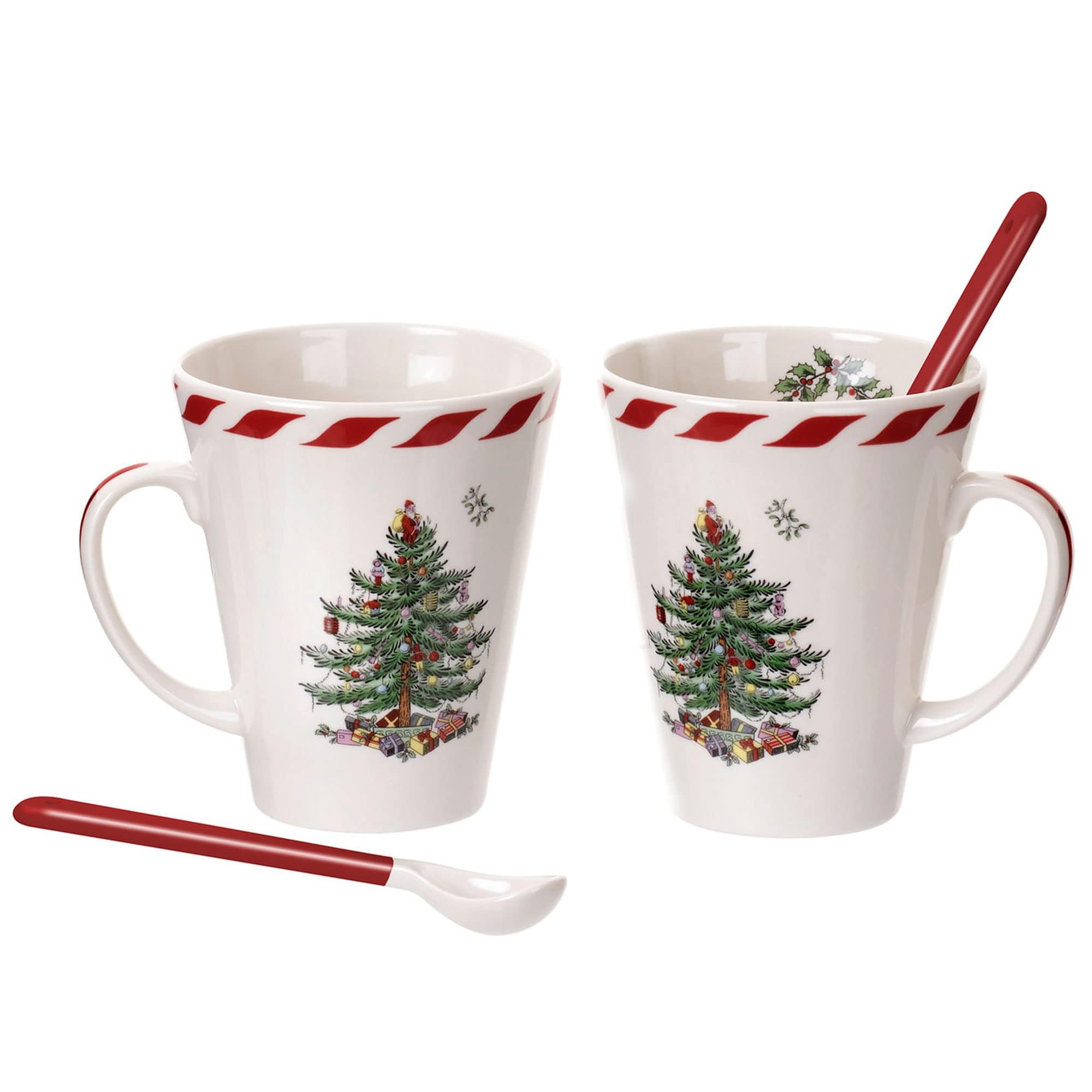 Spode Christmas Tree Peppermint 14oz Mug & Spoon Set (4-Piece) - Festive Earthenware with Candy Cane Motif, Ceramic Mug for Hot 