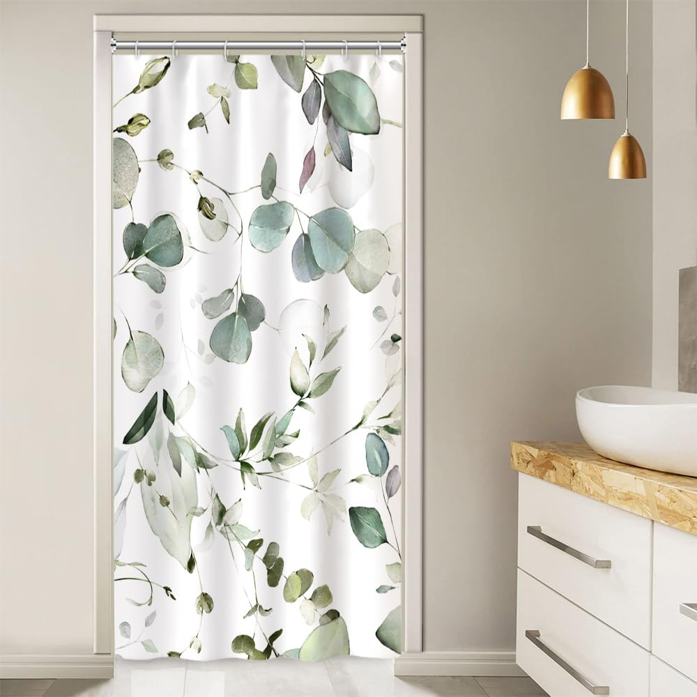 Ruelvth Stall Shower Curtain, Green Eucalyptus Small Shower Curtain Set For Bathroom Waterproof Fabric Botanical Rv Shower Curta