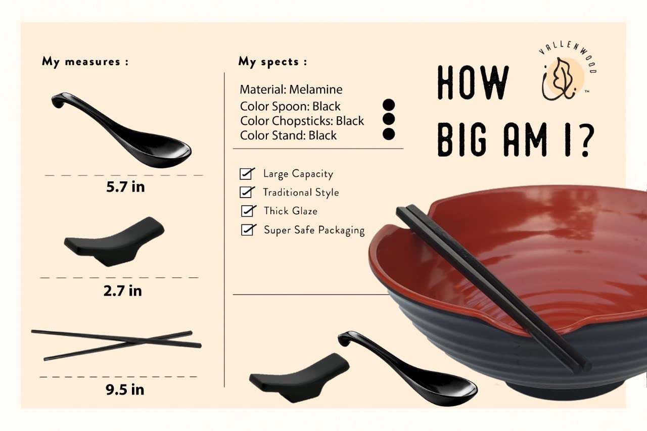 12 Pieces Ramen Set: 4 Black Spoons, 4 Chopsticks And 4 Stand Rest. Asian Soup Spoons. Unbreakable Melamine Made. Perfect For Ja