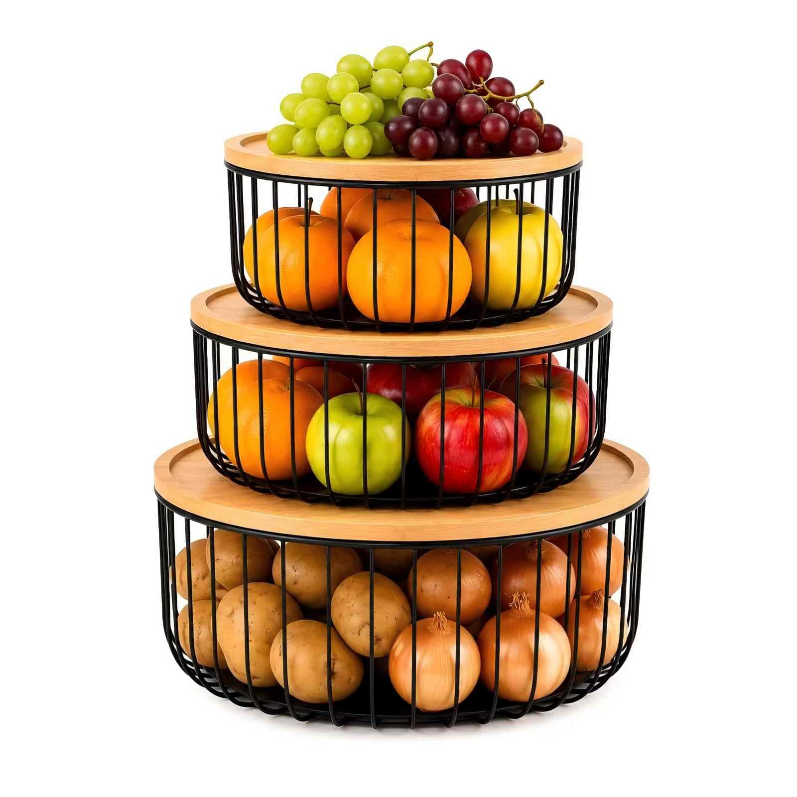 3Piece Stackable Fruit Basket with Bamboo Lids for Kitchen Counter