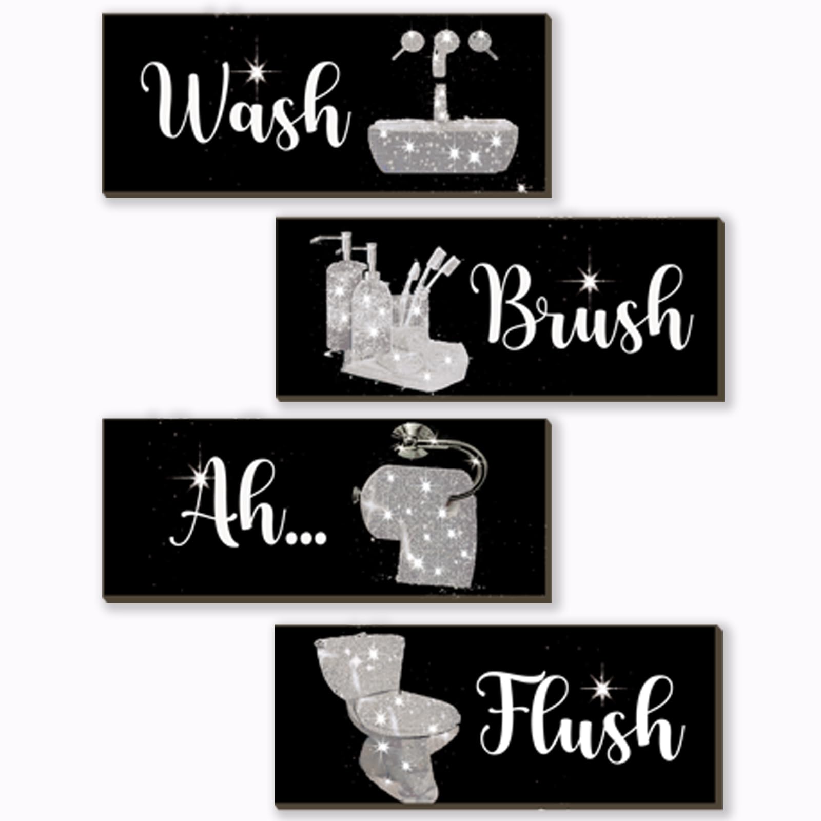 FENCORDAR 4 Pcs Silver Bathroom Decor Funny Silver And Black Wall Art Wooden Bathroom Accessories Modern Funny Glitter Set for H
