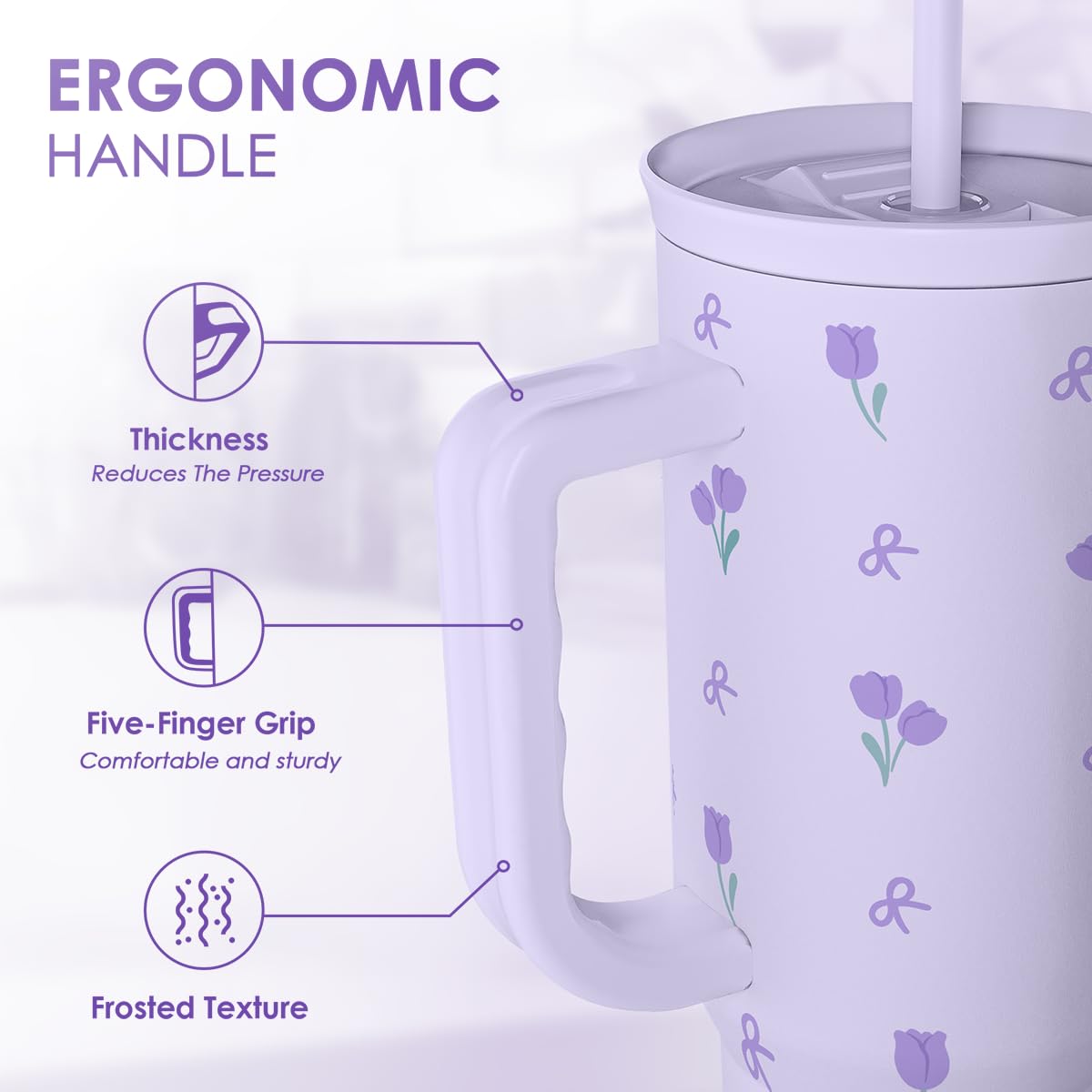 Floral 40oz Tumbler with Handle and Straw - Tulip Insulated Stainless Steel Travel Coffee Mug for Women Girls, Floral Gift Idea