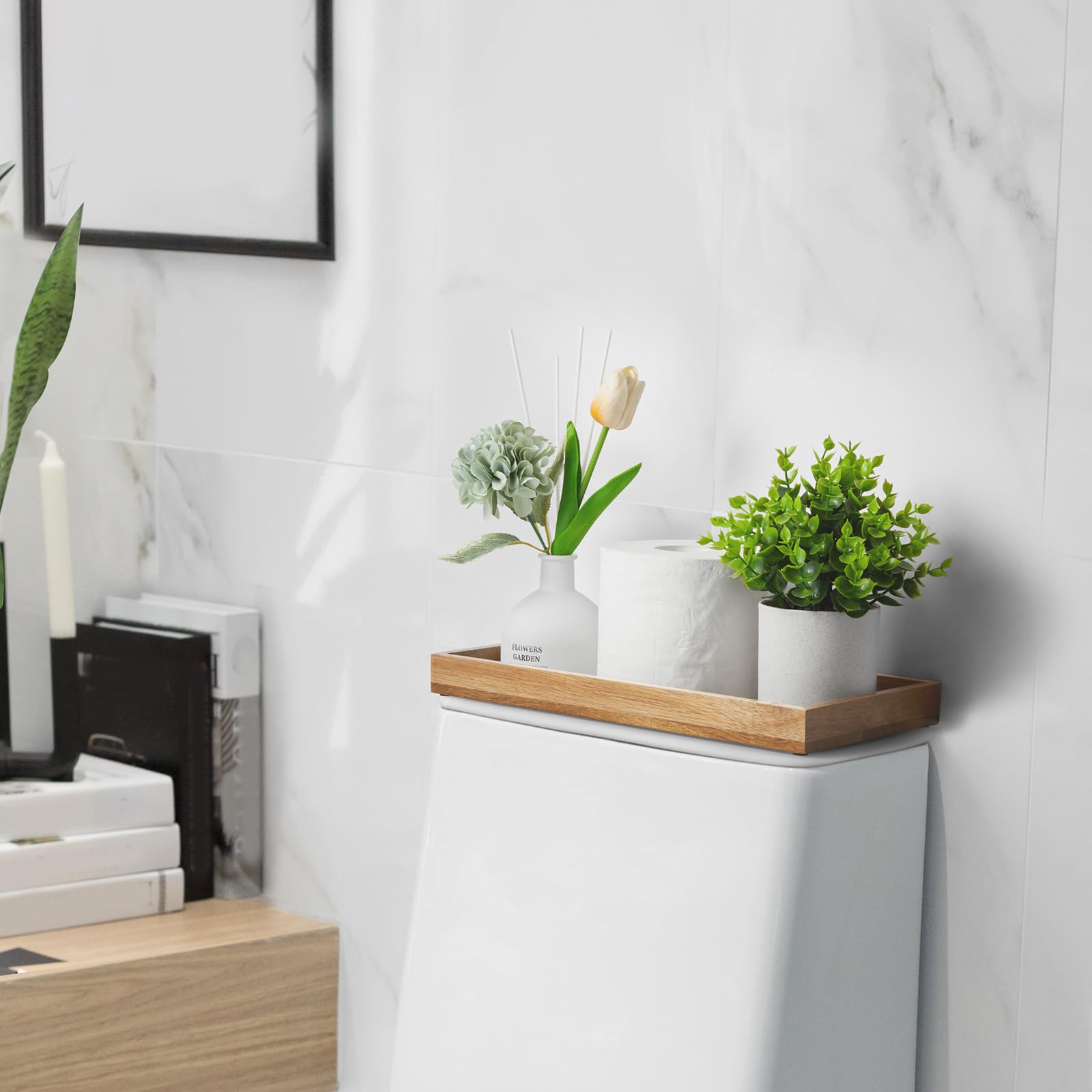 Alelion 13'' Bathroom Vanity Tray For Counter - Acacia Wood Decorative Tray For Toilet Tank Makeup Perfume Jewelry Catchall Coff