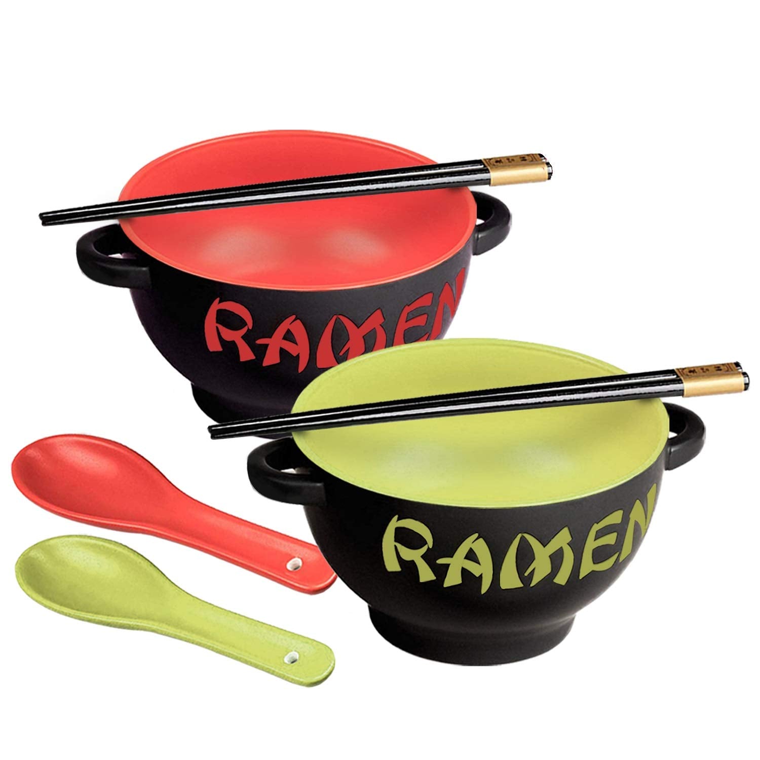 World Market Japanese Ceramic Ramen Bowl Set Of 2 - Soup Spoon And Chopsticks - Serving Bowls For Noodle, Ramen, Udon, Miso, Tha